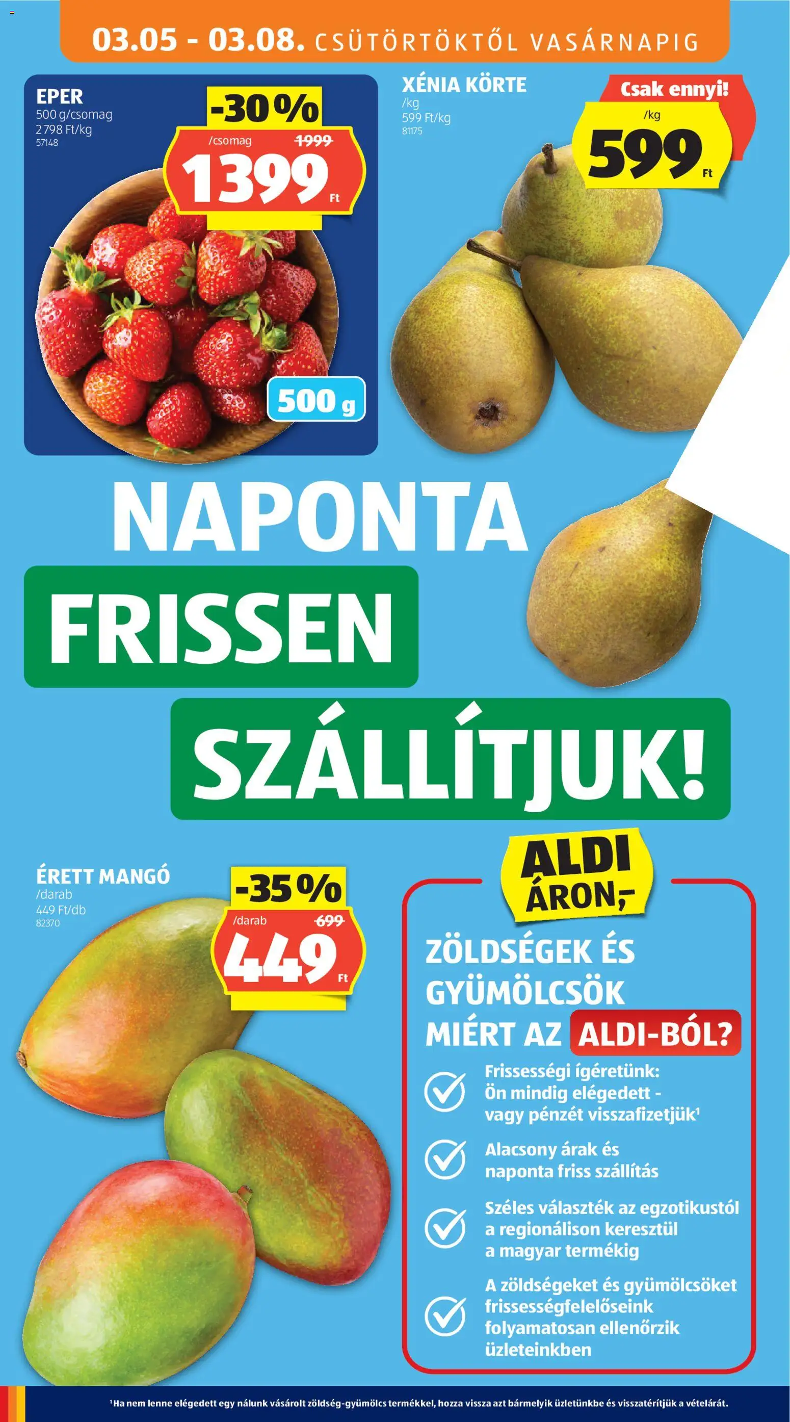 Aldi akciós ujság - amely érvényes a következő dátumtól: 05.03.2026 | Oldal: 36 | Termékek: Körte, Eper, Mangó