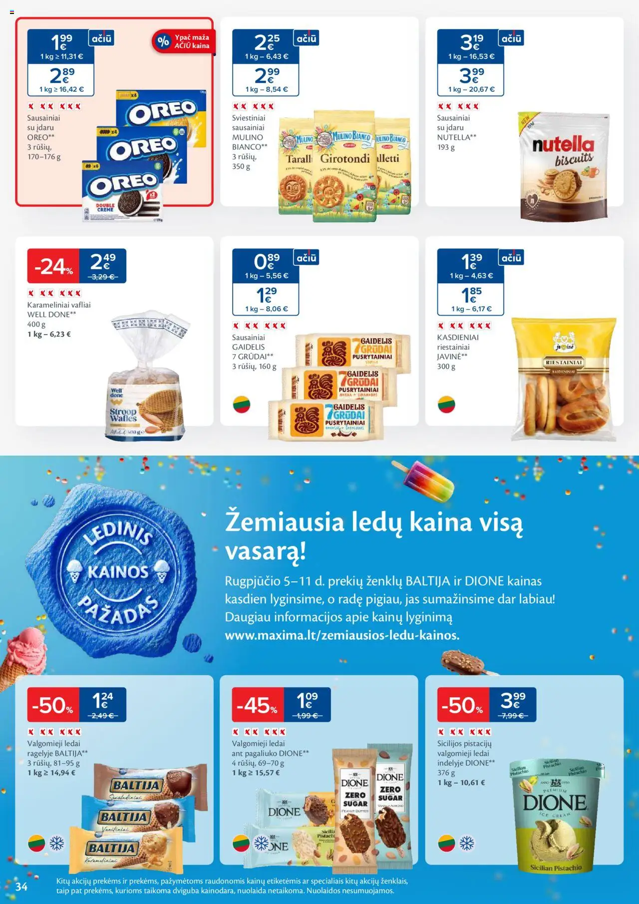 MAXIMA leidinys│galioja nuo 05.08.2025 | Puslapis: 34 | Prekių: Sausainiai, Ledai, Valgomieji ledai, Vafliai