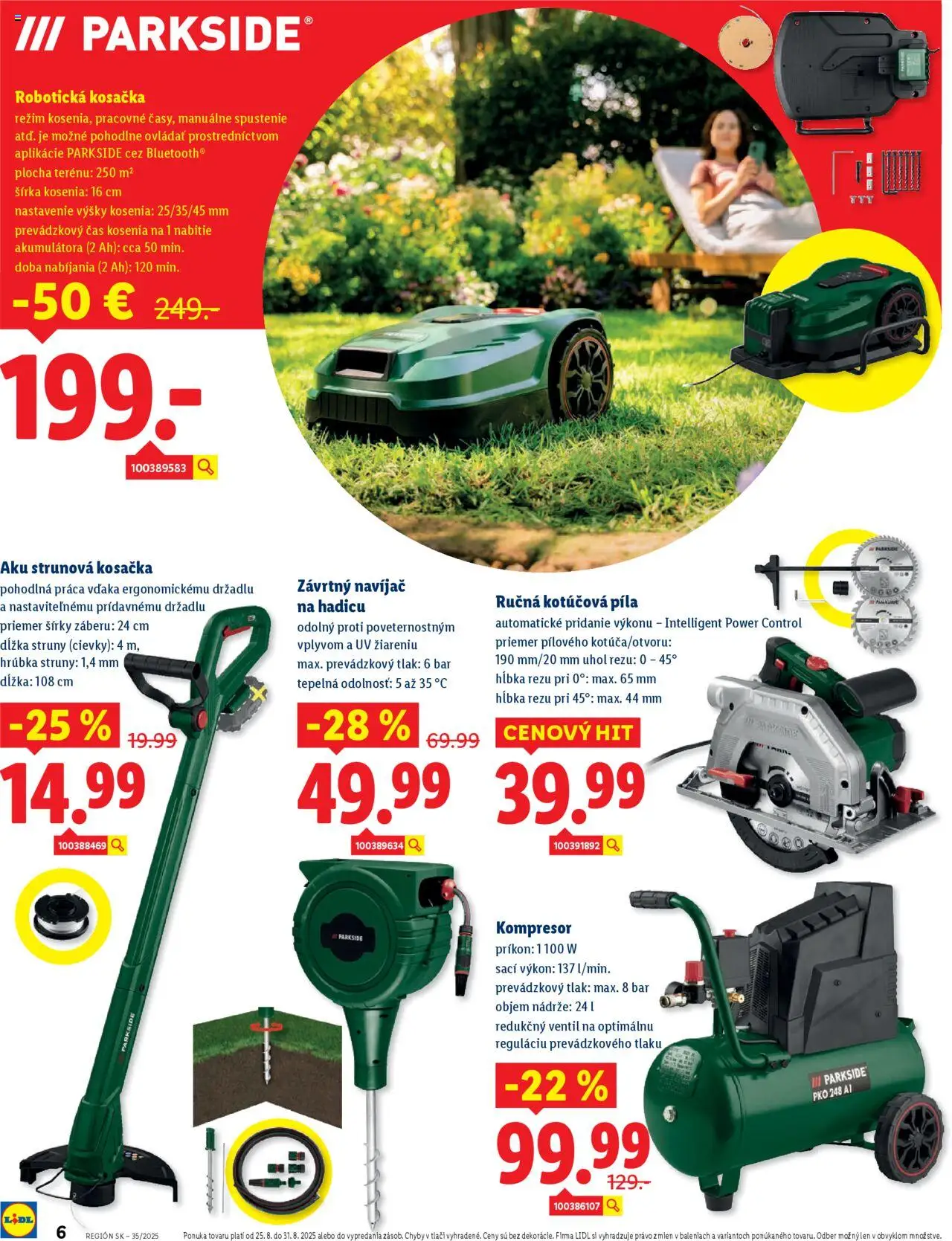 Lidl online magazín │ platný od 25.08.2025 | Strana: 6 | Produkty: Robotická kosačka, Kosačka, Kompresor, Píla