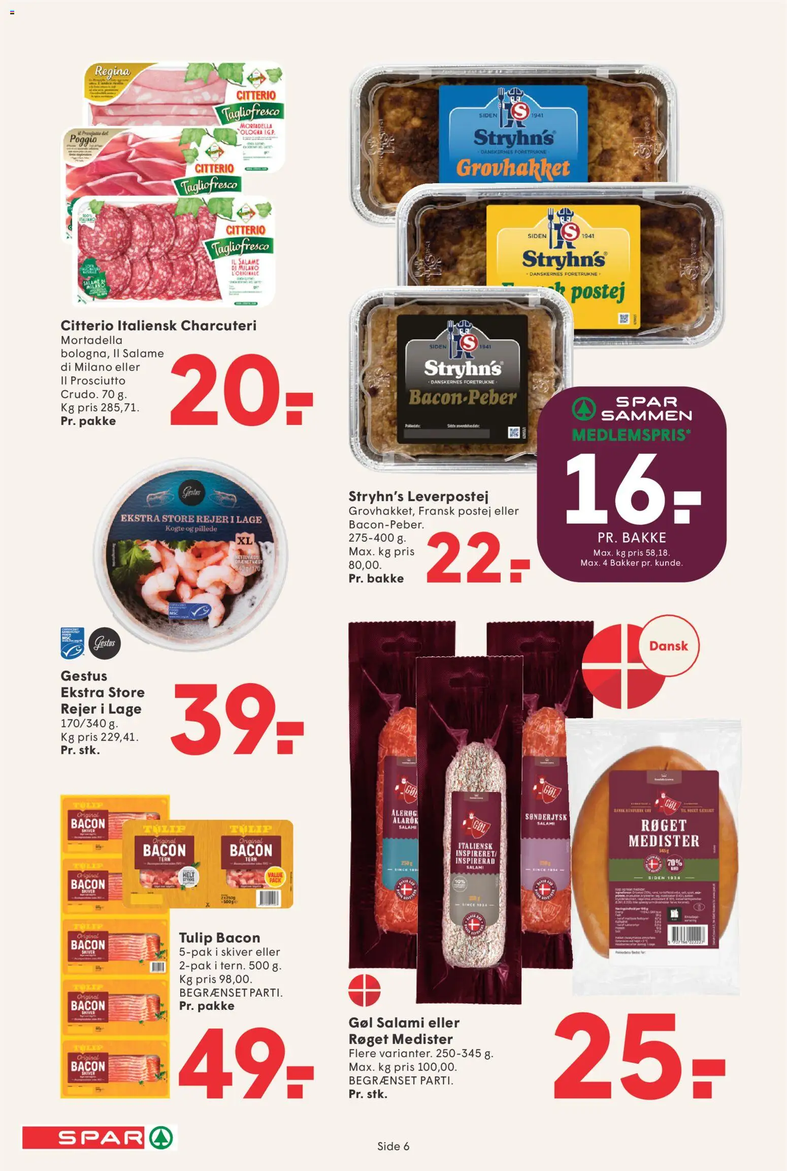 Spar tilbudsavis – gyldig fra 10.04.2026 | Side: 6 | Produkter: Salami, Leverpostej, Bacon, Rejer