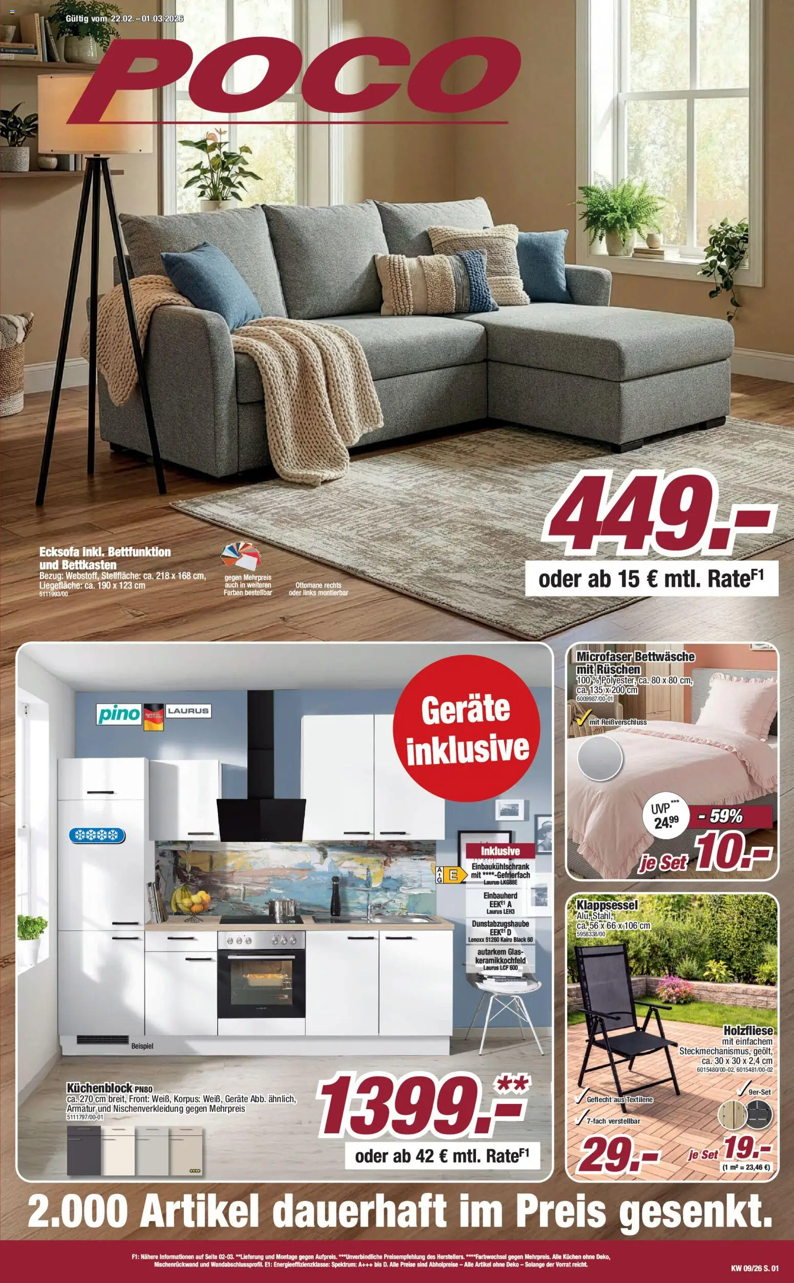 Poco Prospekt 	 – gültig ab 22.02.2026 | Seite: 1 | Produkte: Küchenblock, Ecksofa, Armatur, Kuchen