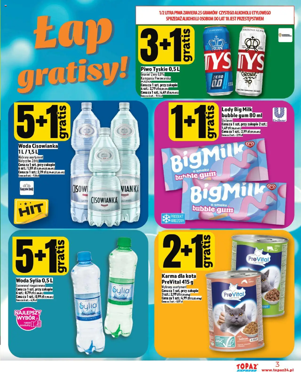 Topaz Gazetka - Express od 21.08.2025 | Strona: 3 | Produkty: Tyskie, Piwo, Lody, Woda