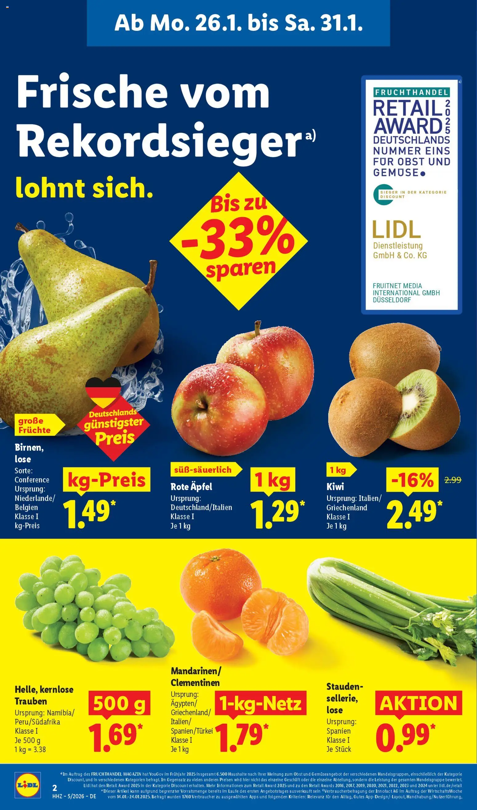 Lidl - Prospekt – gültig ab 26.01.2026 | Seite: 8 | Produkte: Trauben, Gemüse, Obst, Kiwi