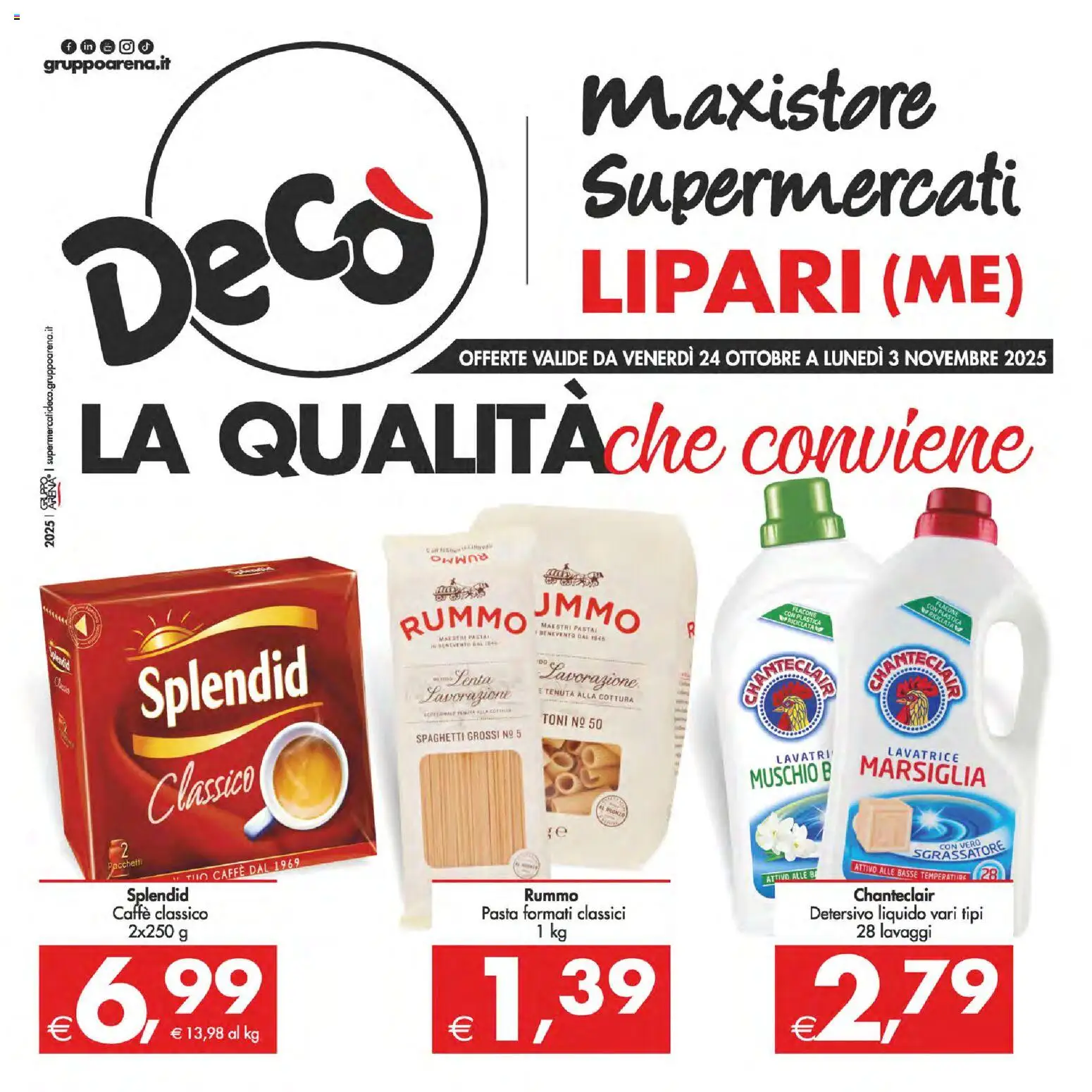 Volantino Decò del 24.10.2025 | Pagina: 1 | Prodotti: Caffè, Sgrassatore, Pasta, Lavatrice