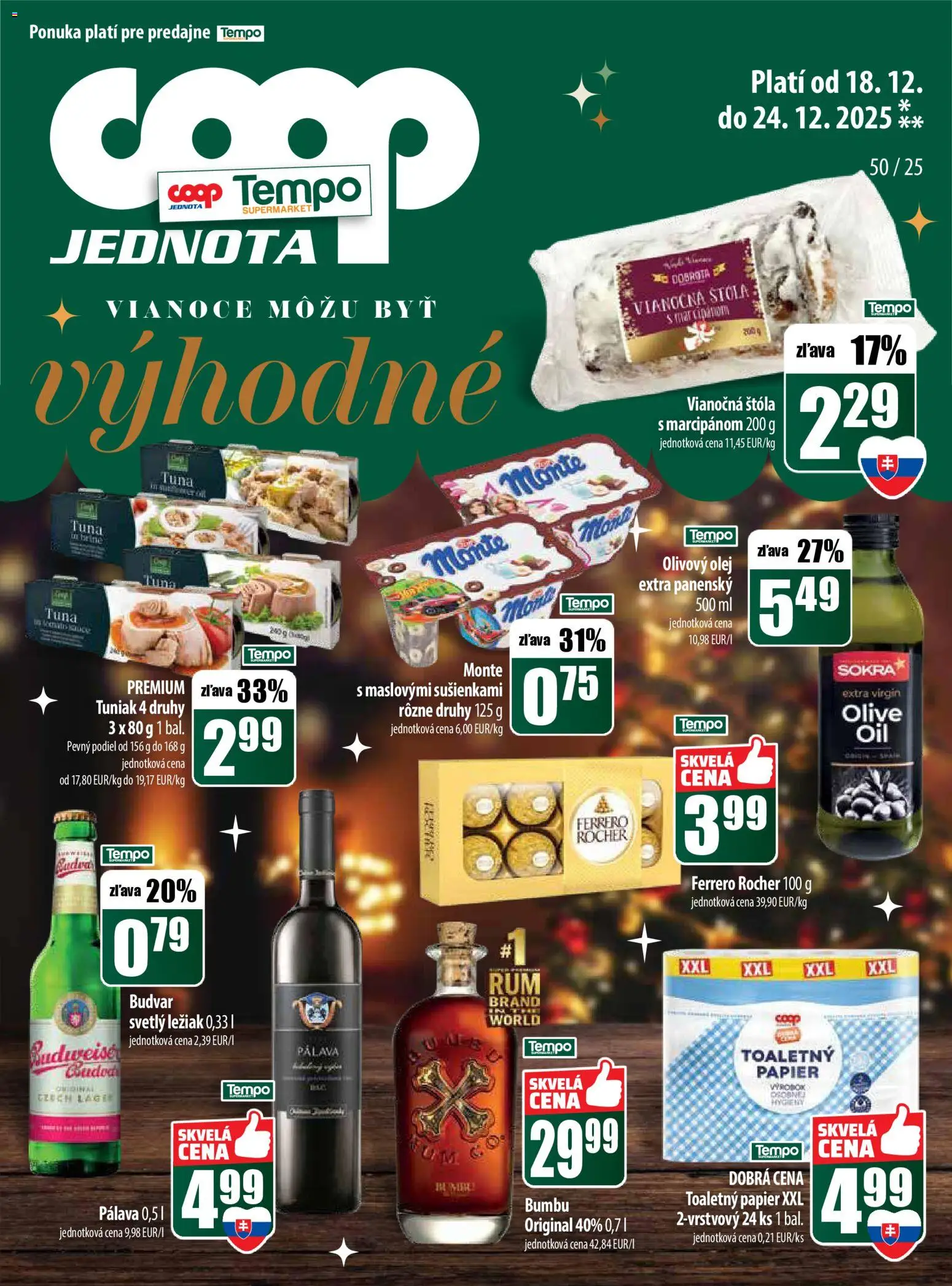 Nové COOP Jednota akcie – leták je platný od 18.12.2025 | Strana: 29 | Produkty: Olej, Tuniak, Budvar, Ferrero Rocher