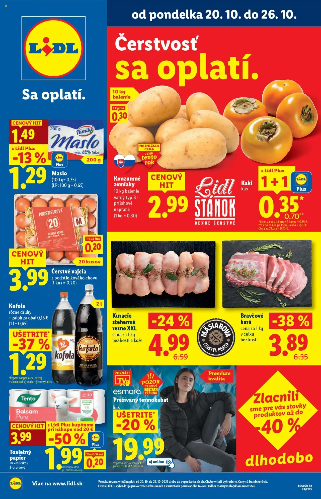 Nové Lidl akcie – leták je platný od 20.10.2025 | Strana: 1 | Produkty: Maslo, Kofola, Zemiaky, Bravčové karé
