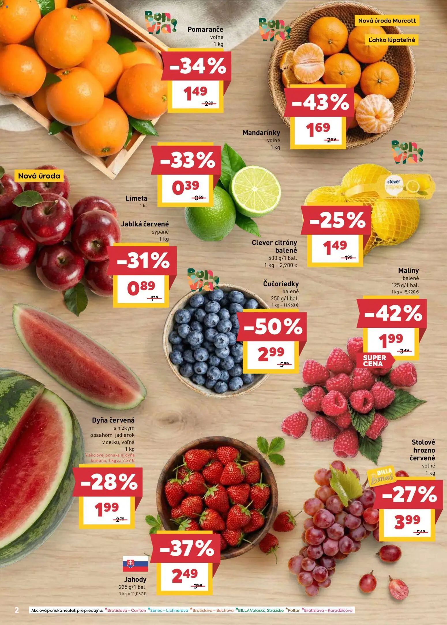 Nové Billa akcie – leták je platný od 22.04.2026 | Strana: 2 | Produkty: Pomaranče, Jahody, Mandarinky, Hrozno