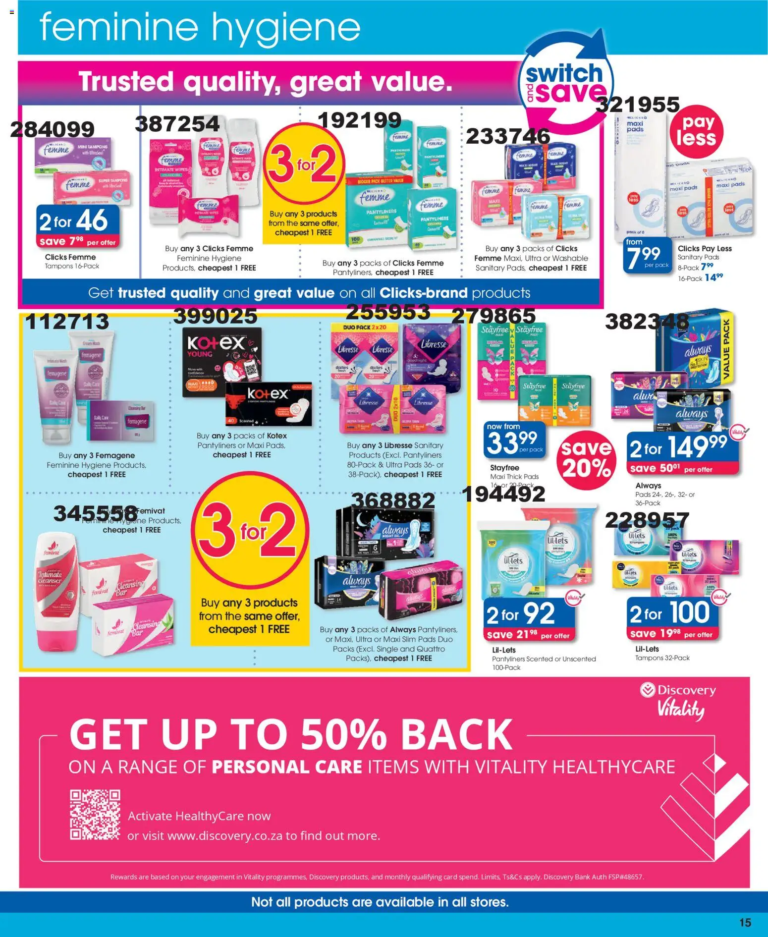 New Clicks catalogue – valid from 25.03.2026 | Page: 15 | Products: Pads, Switch, Sanitary products