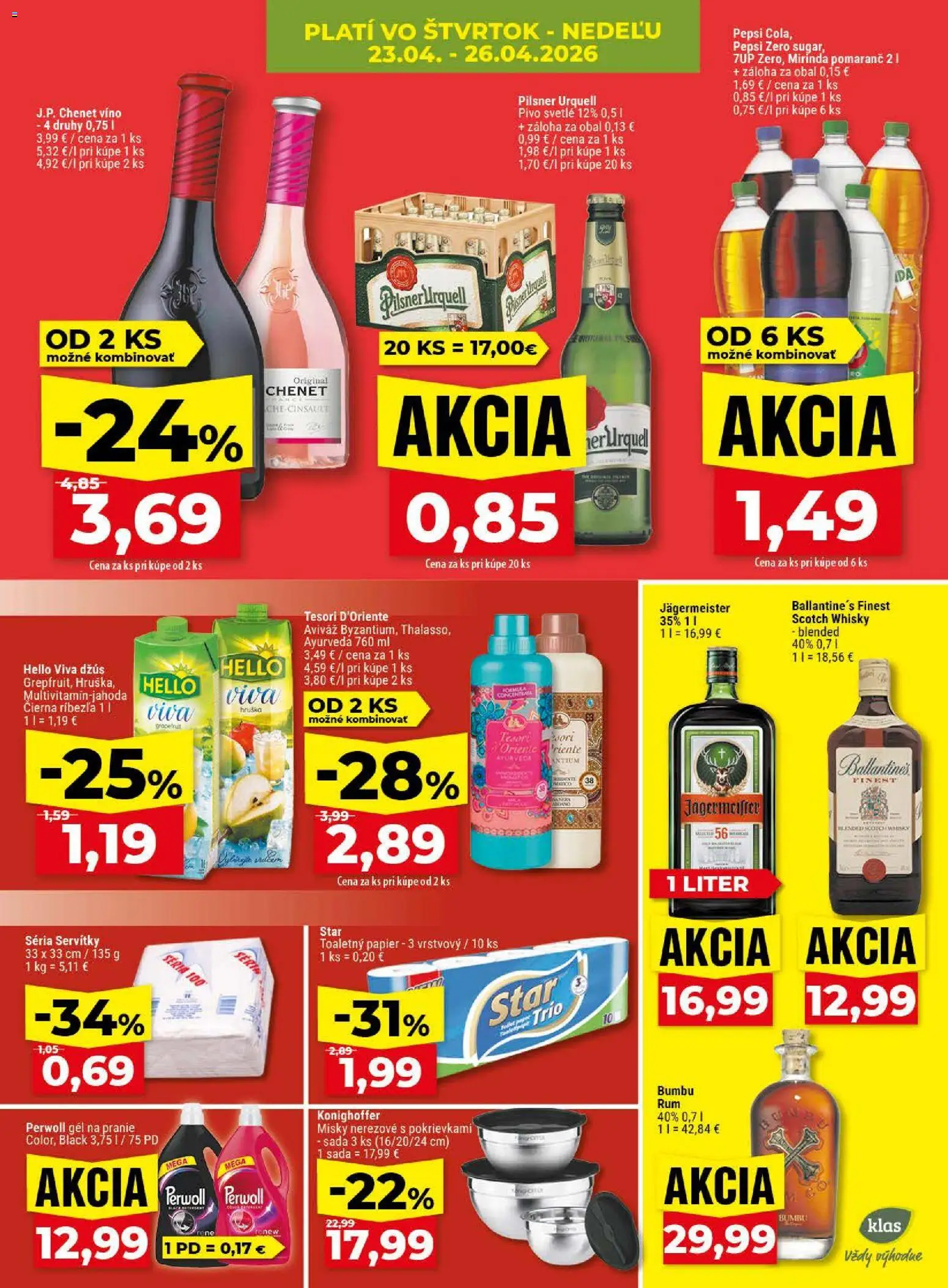 Nové Klas akcie – leták je platný od 20.04.2026 | Strana: 28 | Produkty: Pilsner Urquell, Víno, Toaletný papier, Aviváž