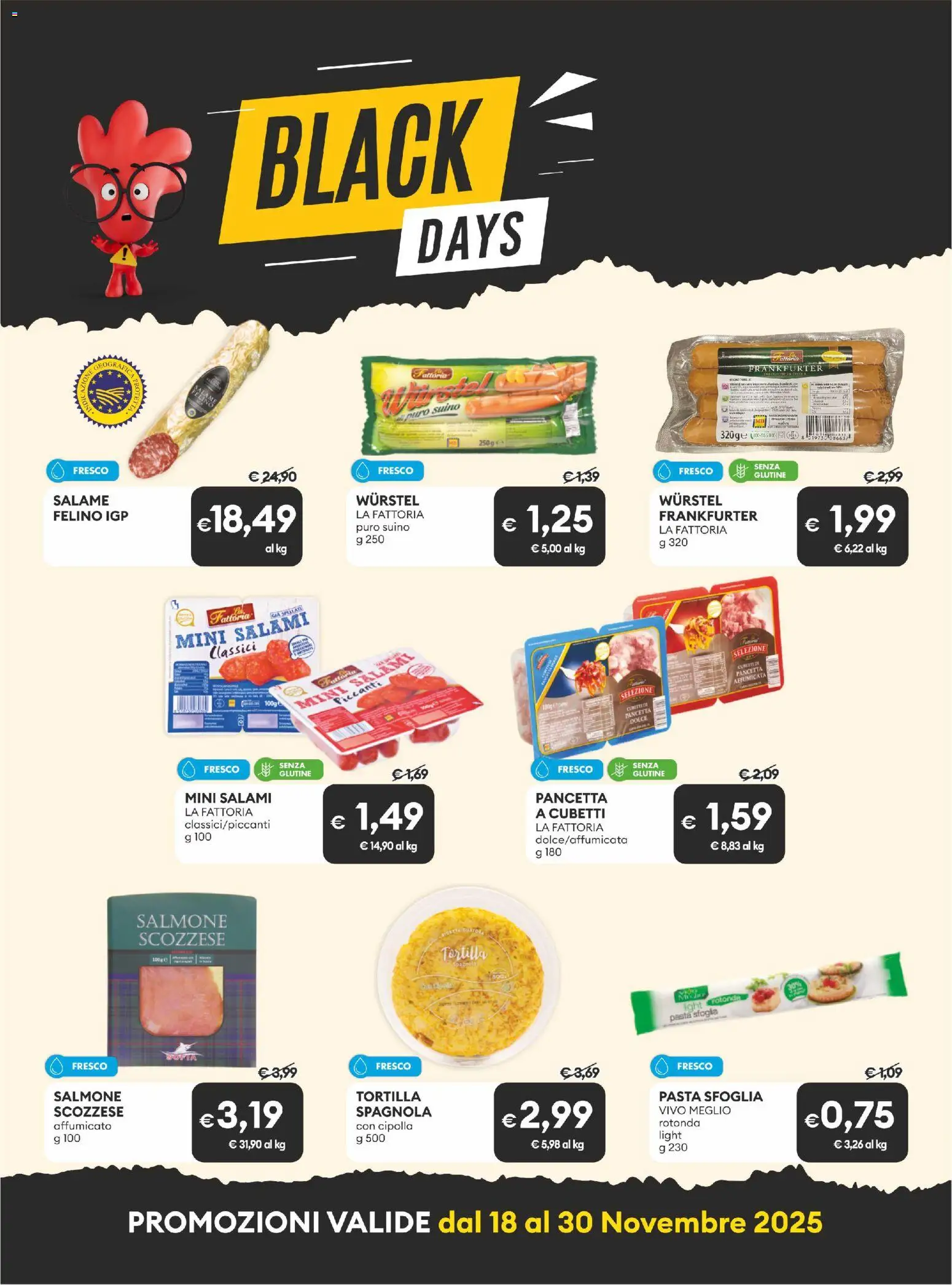 Volantino MD Discount del 18.11.2025 | Pagina: 4 | Prodotti: Salmone, Pancetta, Suino, Wurstel