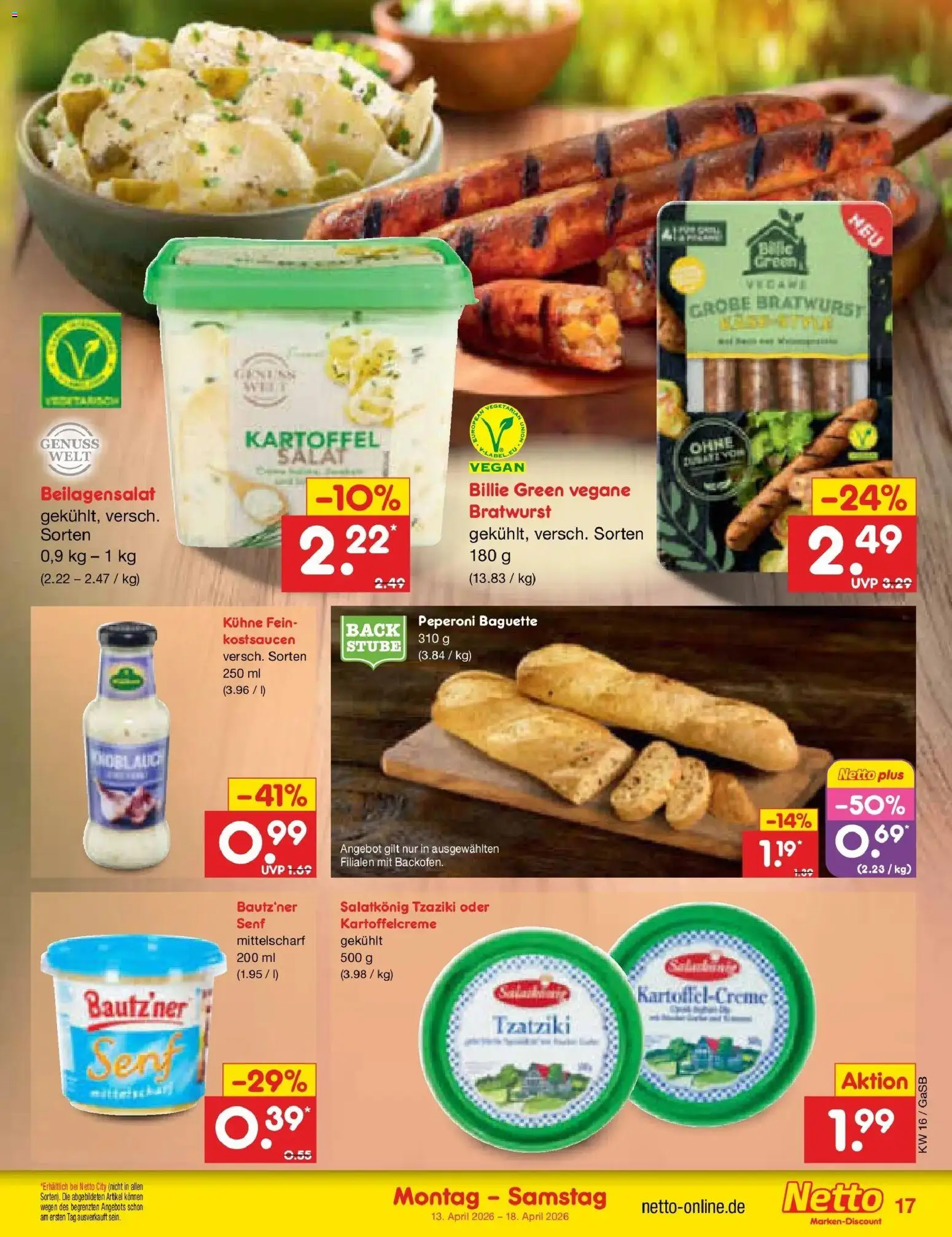 Netto Marken-Discount Prospekt Bremen-Lesum	 – gültig ab 13.04.2026 | Seite: 19 | Produkte: Bratwurst, Baguette, Knoblauch, Salat