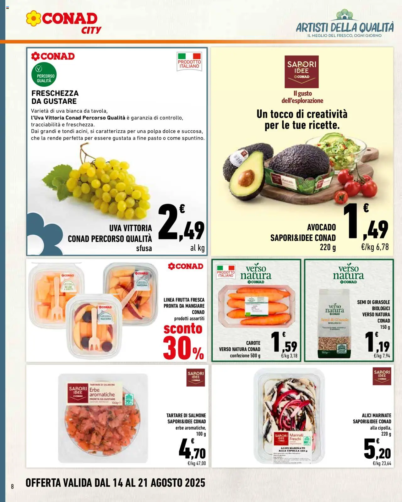 Volantino Conad del 14.08.2025 | Pagina: 8 | Prodotti: Avocado, Frutta, Carote, Alici