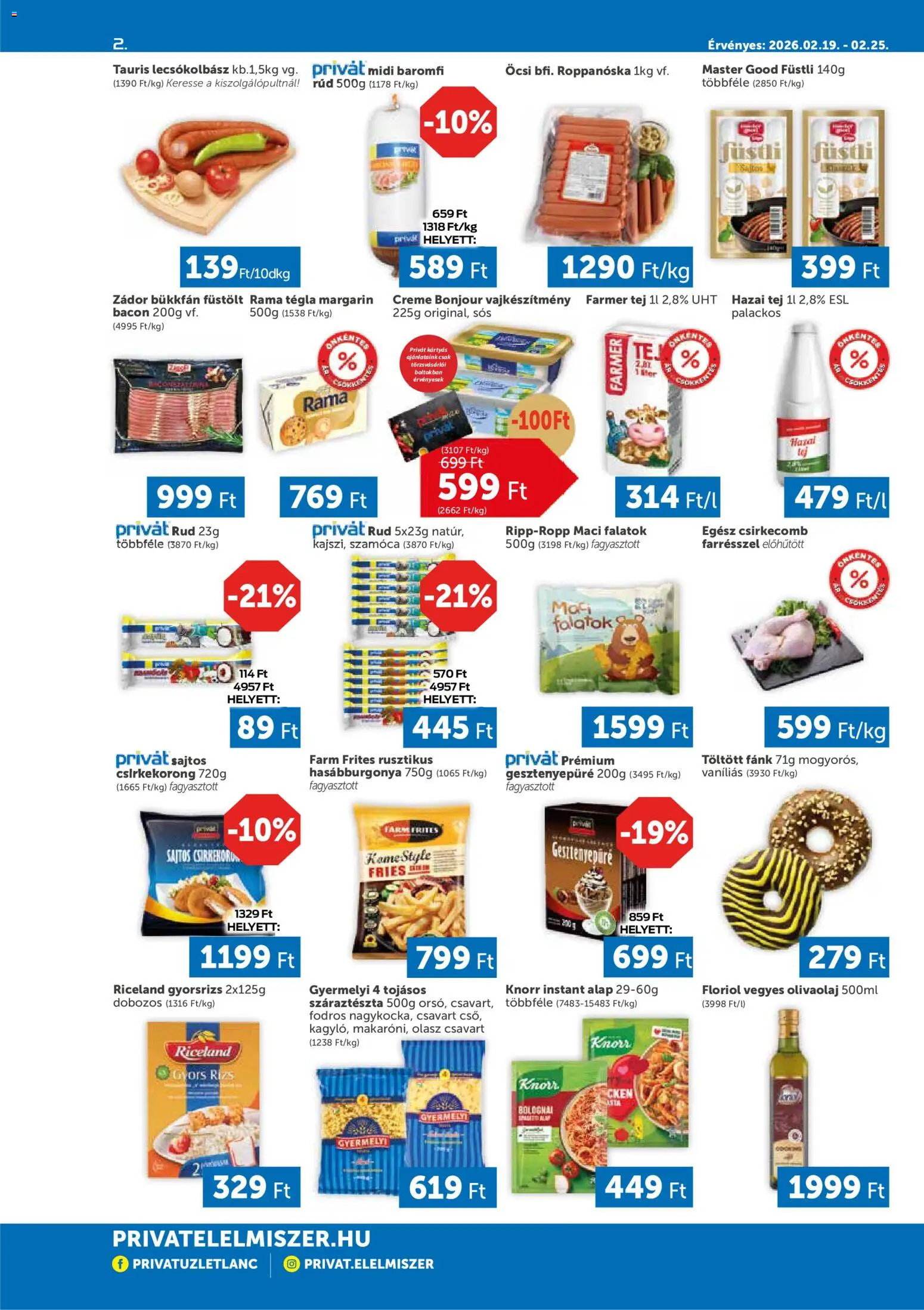 PRIVÁT akciós ujság - amely érvényes a következő dátumtól: 19.02.2026 | Oldal: 2 | Termékek: Tej, Rizs, Csirkecomb, Olívaolaj