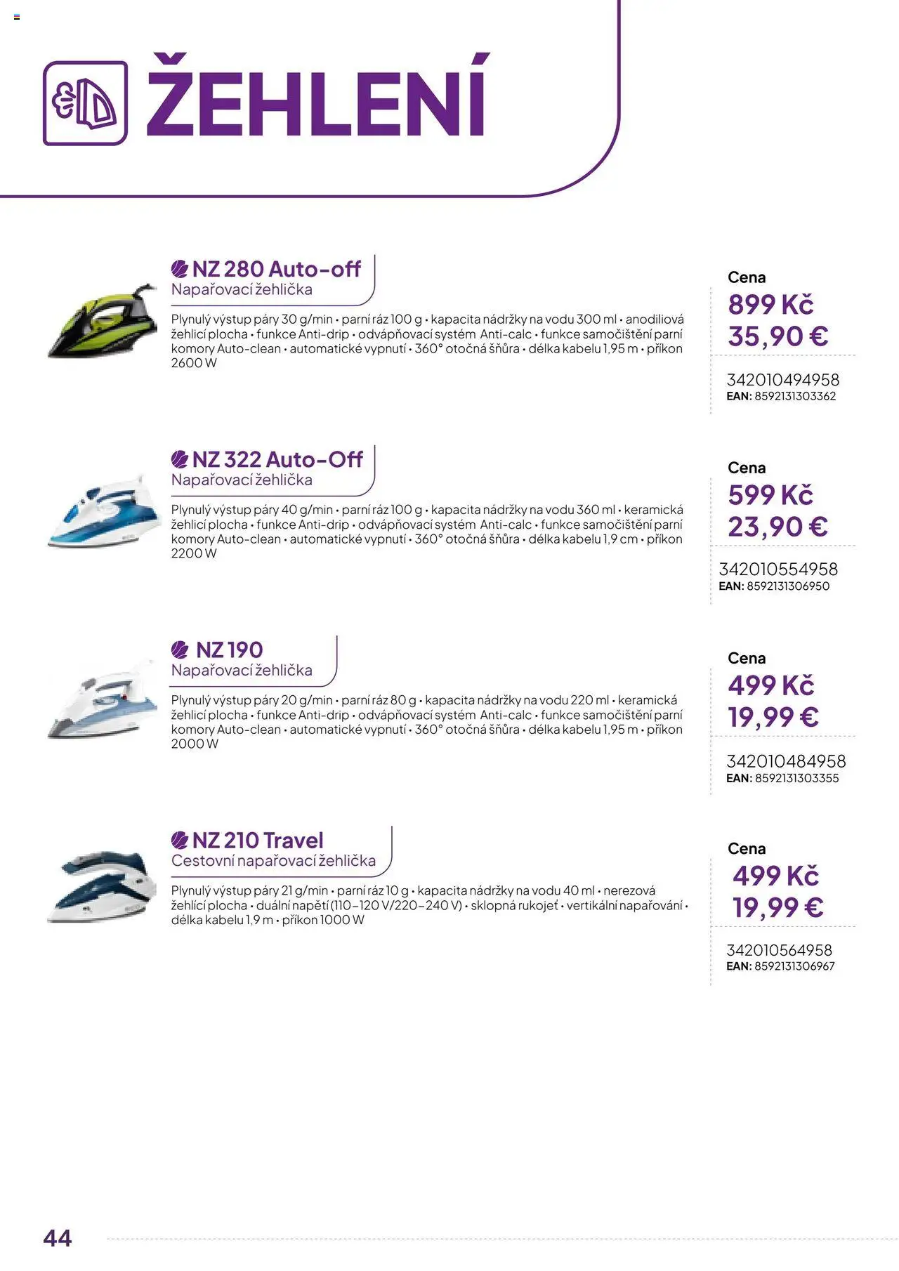 Expert elektro katalog - ECG - Malé domácí spotřebiče od 01.10.2024 | Strana: 44 | Produkty: Žehlička, Napařovací žehlička