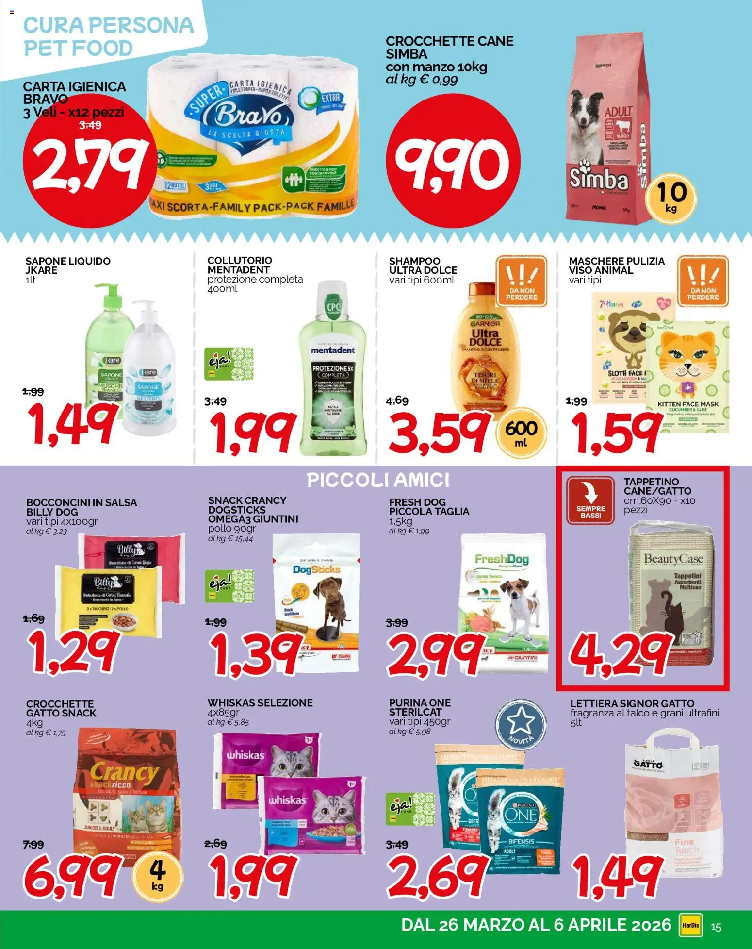 Volantino HarDis del 26.03.2026 | Pagina: 15 | Prodotti: Carta igienica, Talco, Crocchette, Crocchette cane