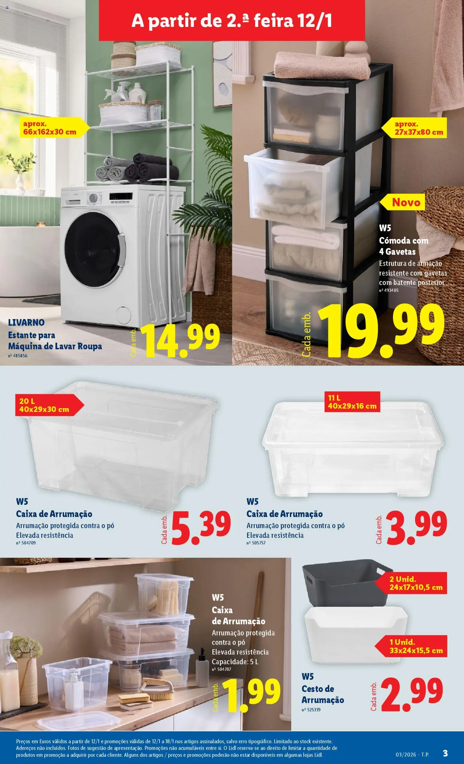 Lidl Novidades │ válido de 12.01.2026 | Página: 3 | Produtos: Máquina de lavar, Pó, Cómoda, Caixa