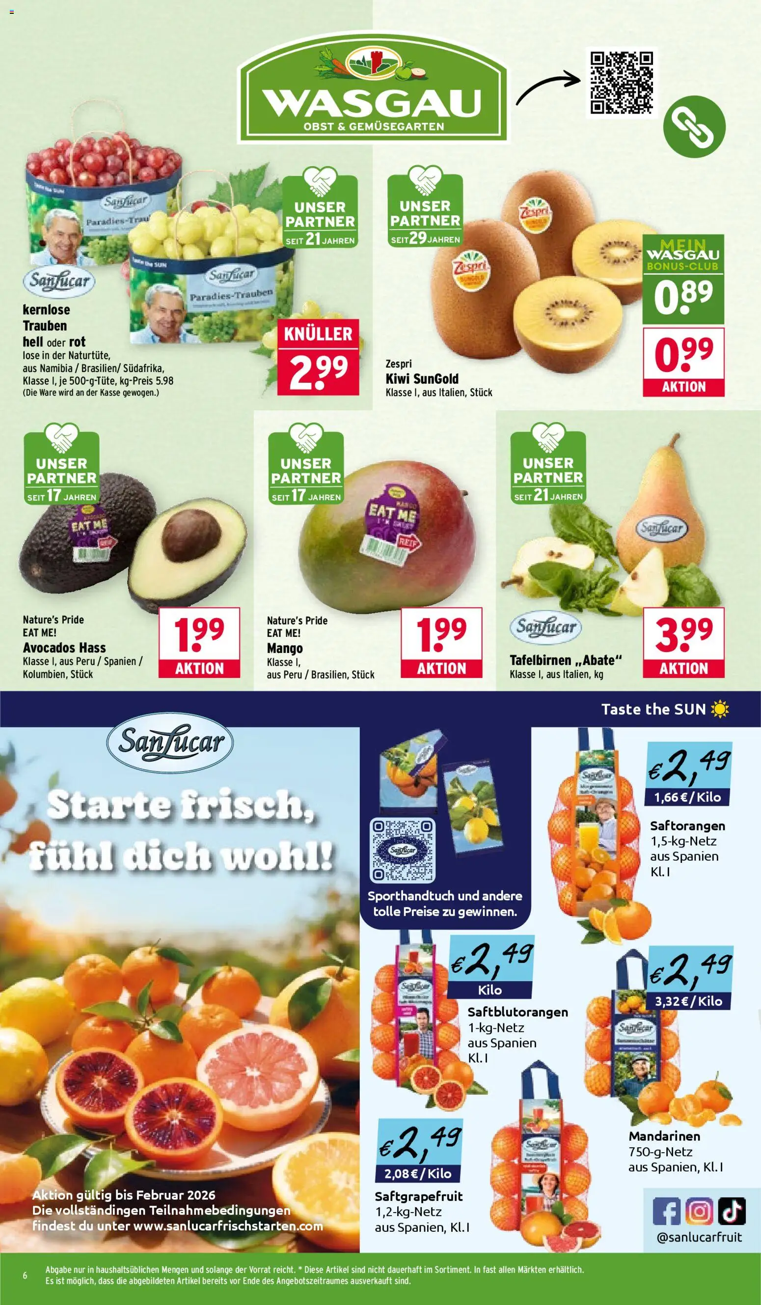Wasgau Prospekt 	 – gültig ab 23.02.2026 | Seite: 6 | Produkte: Trauben, Mandarinen, Obst, Kiwi