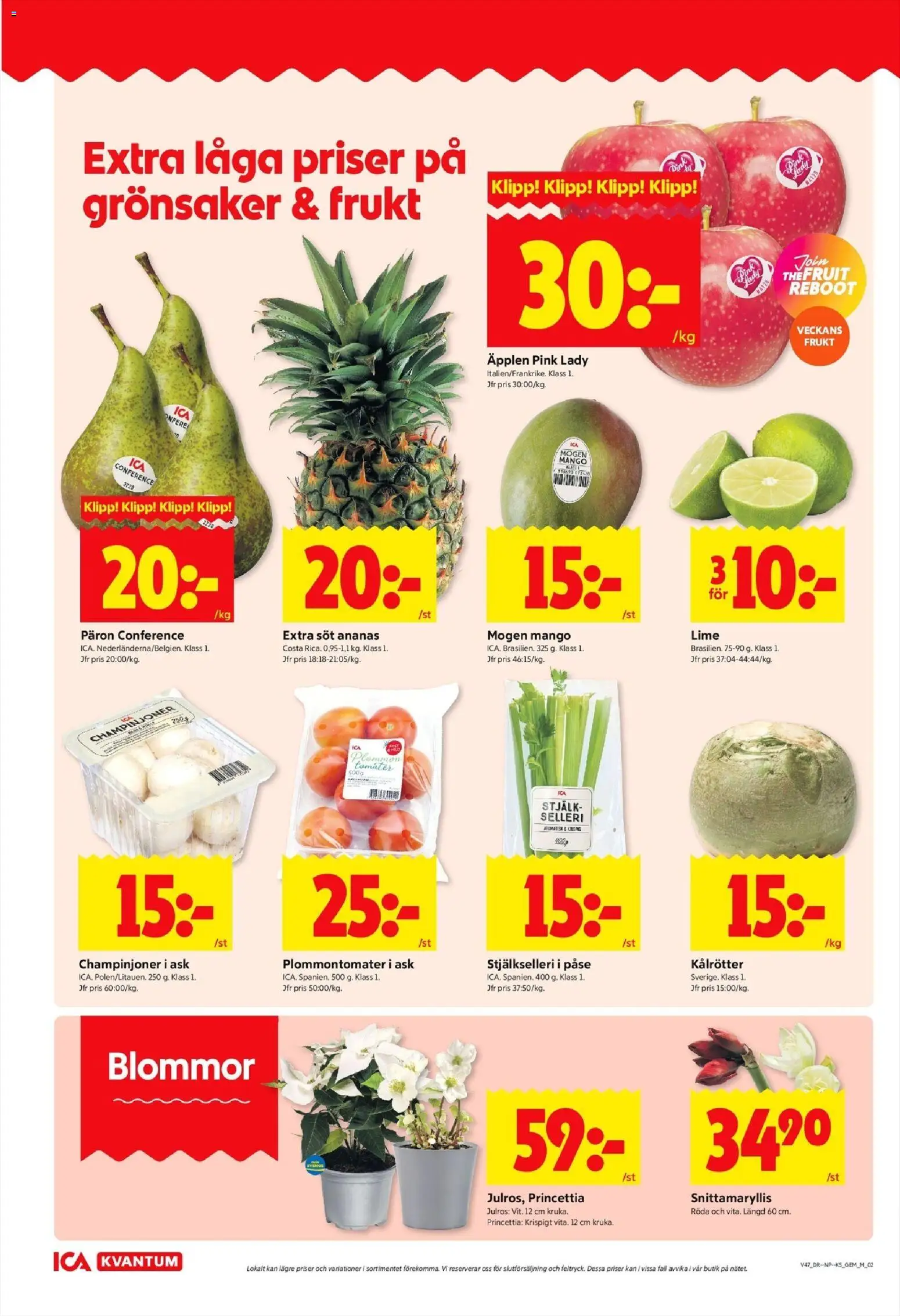 ICA Kvantum reklamblad aktuell från 17.11.2025 | Sida: 2 | Produkter: Plommon, Champinjoner, Lime, Mango