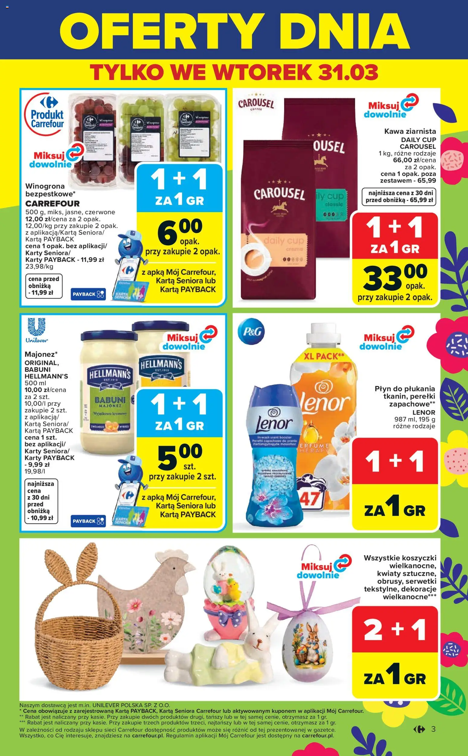 Carrefour gazetka - Świąteczne Okazje Już Od Środy od 01.04.2026 | Strona: 3 | Produkty: Karta, Kawa ziarnista, Kwiaty, Majonez