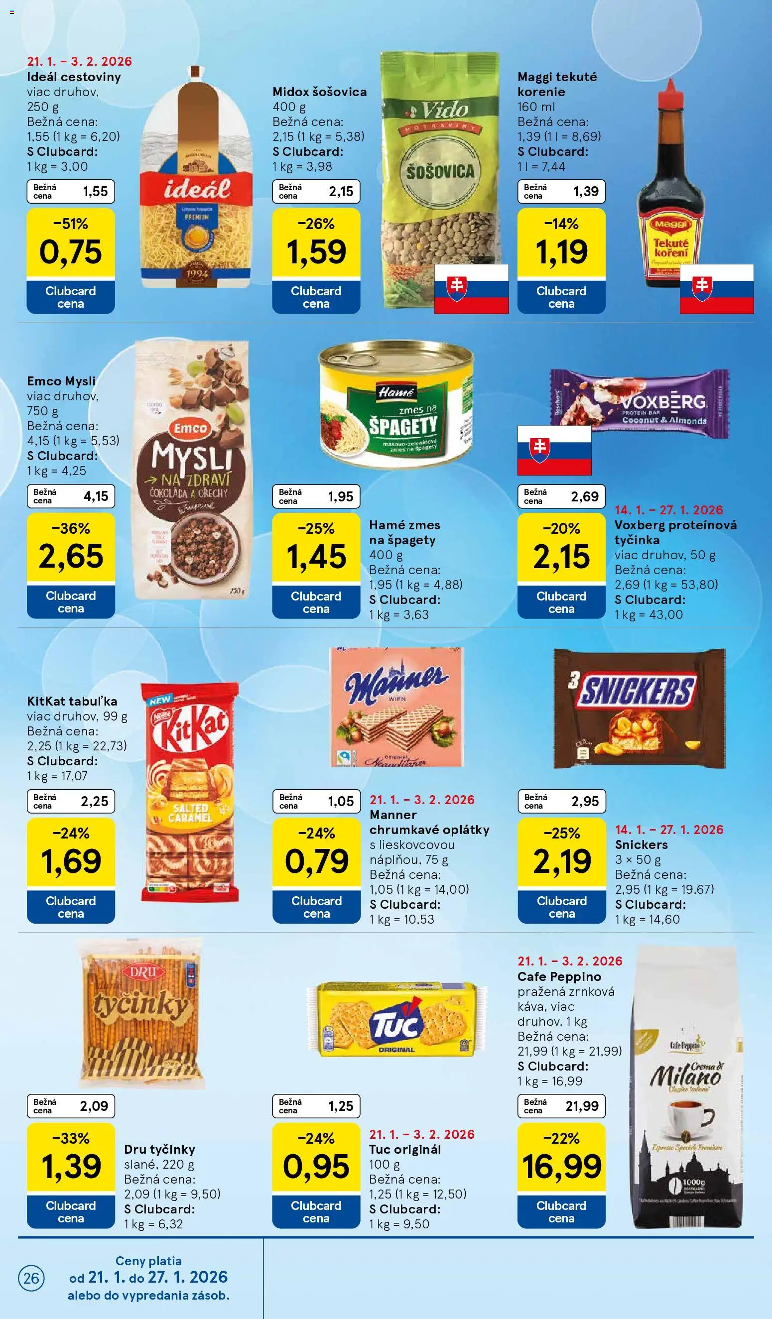 Nové Tesco akcie – leták je platný od 21.01.2026 | Strana: 26 | Produkty: Čokoláda, Orechy, Špagety, Zrnková káva