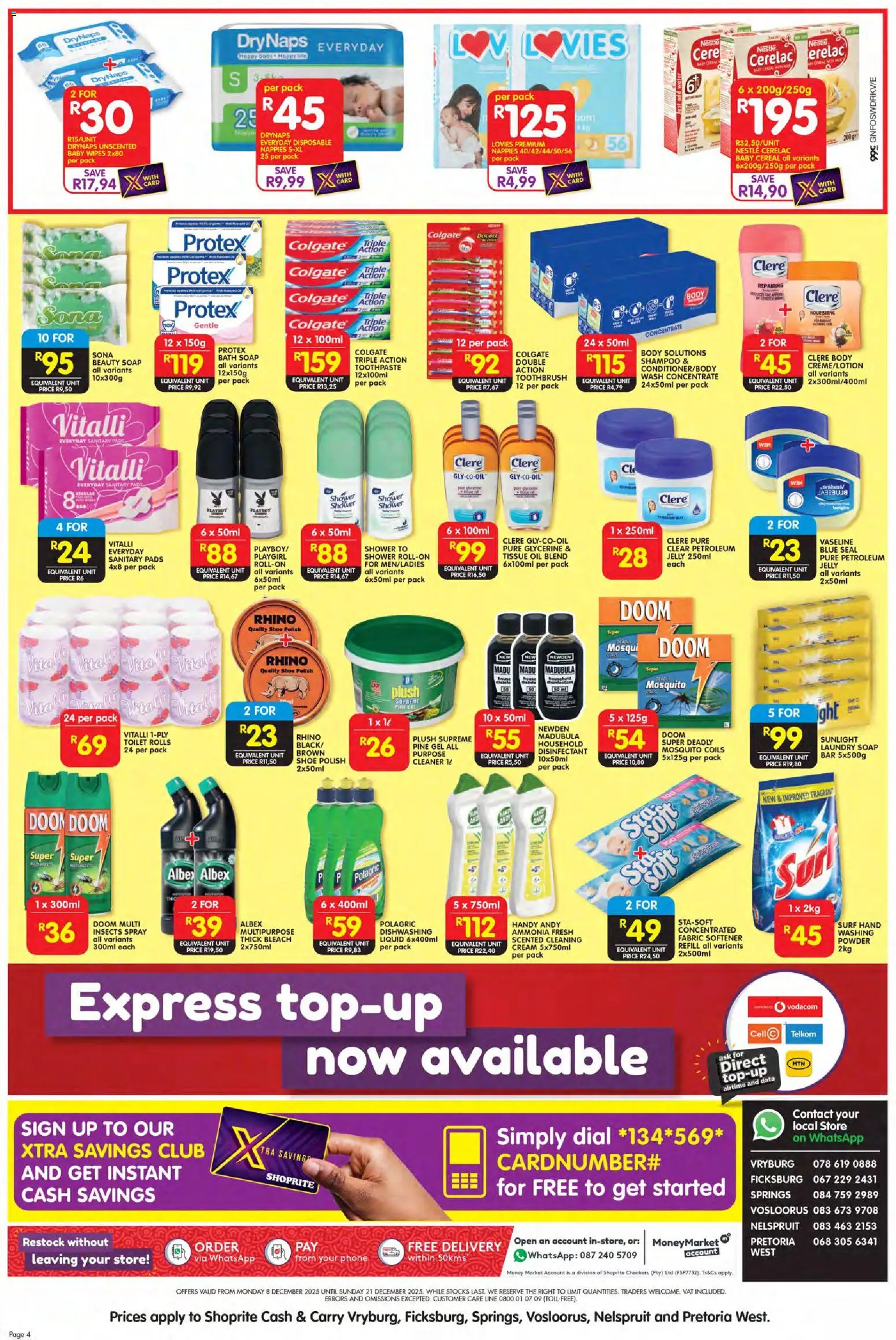 New Shoprite catalogue – valid from 08.12.2025 | Page: 4 | Products: Oil, Powder, Toothpaste, Petroleum jelly