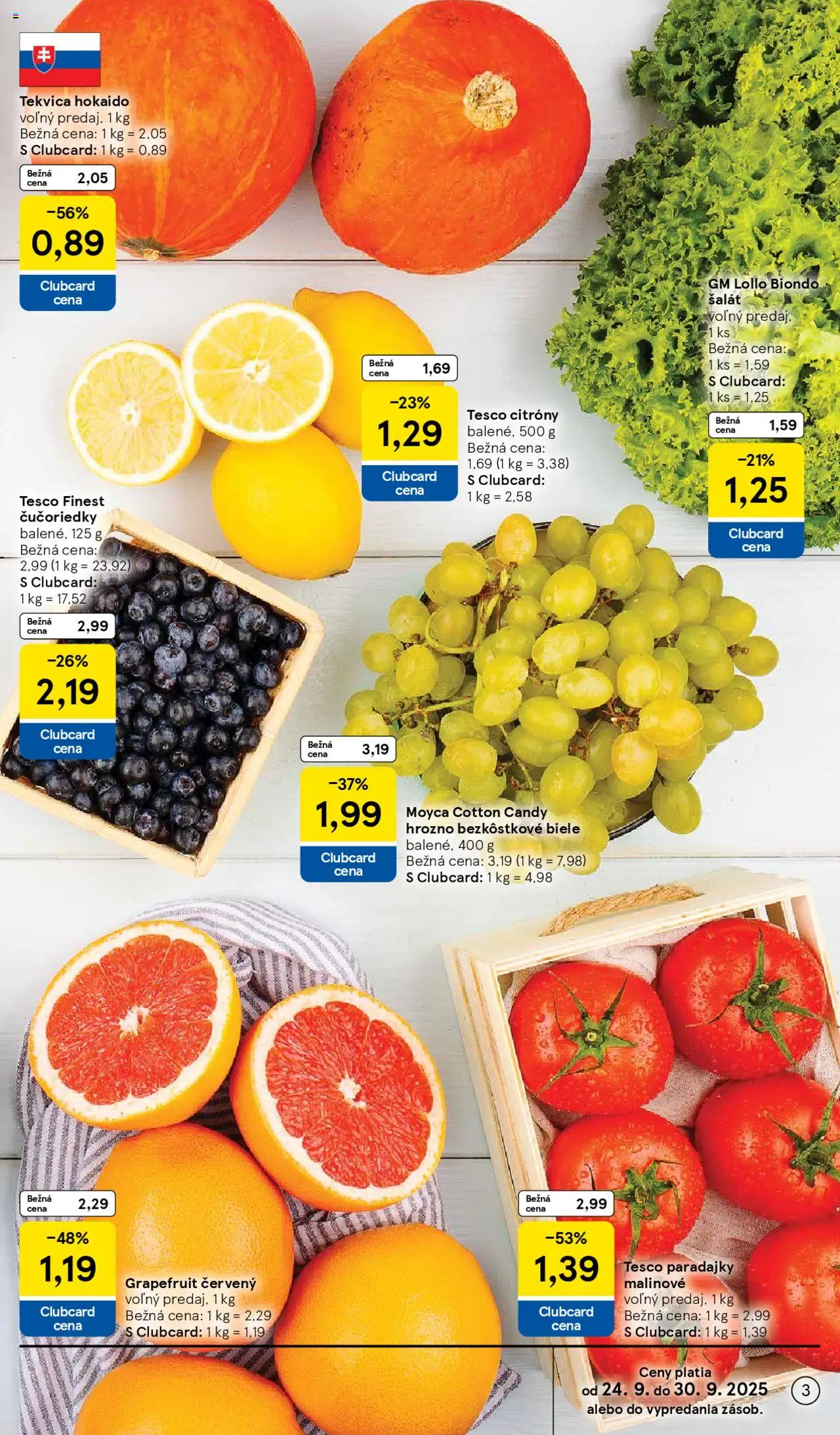 Nové Tesco akcie – leták je platný od 24.09.2025 | Strana: 3 | Produkty: Citróny, Čučoriedky, Šalát, Grapefruit