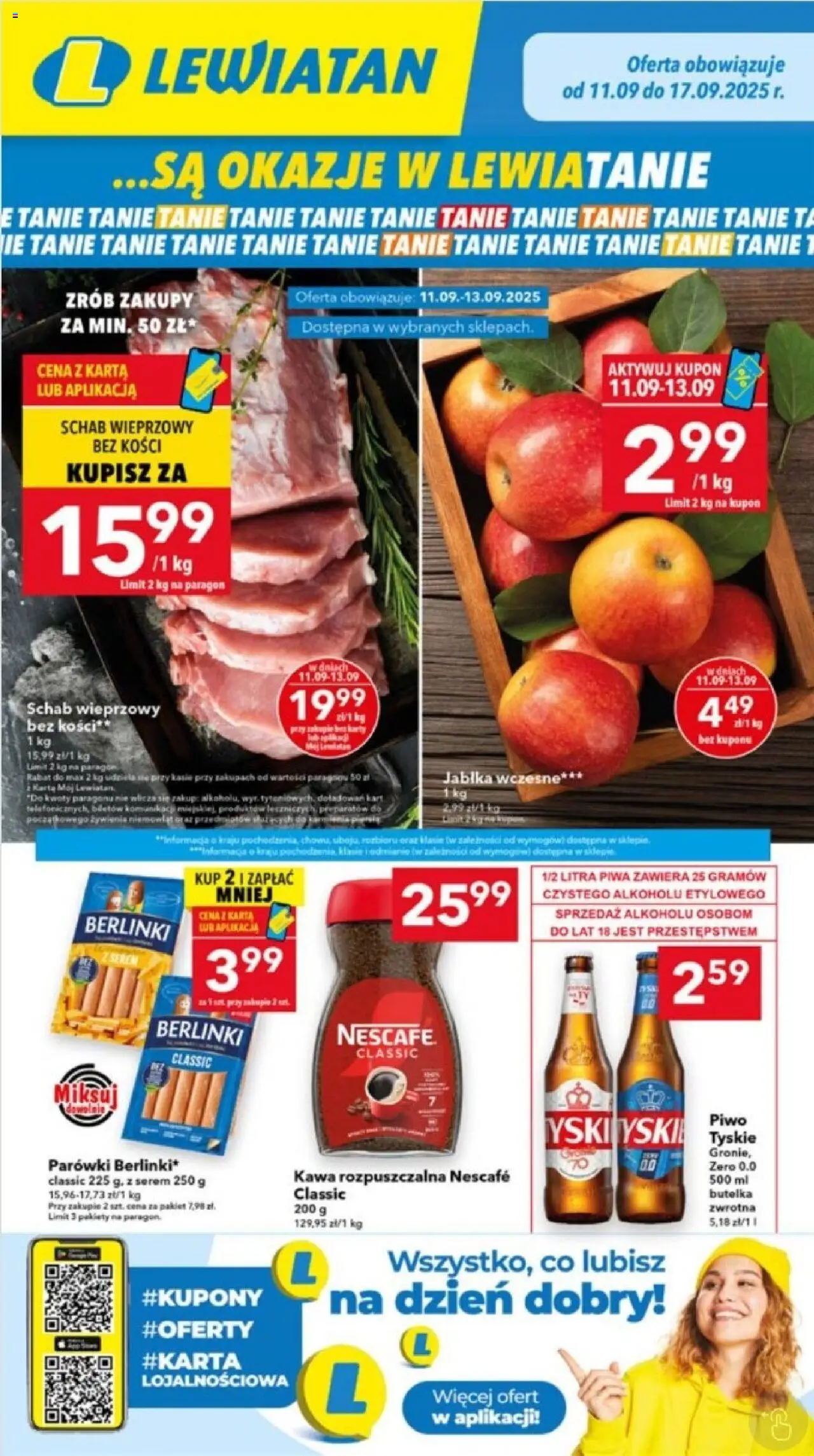 Lewiatan gazetka - Ostrów Wielkopolski od 11.09.2025 | Strona: 1 | Produkty: Karta, Schab wieprzowy, Kawa rozpuszczalna, Tyskie