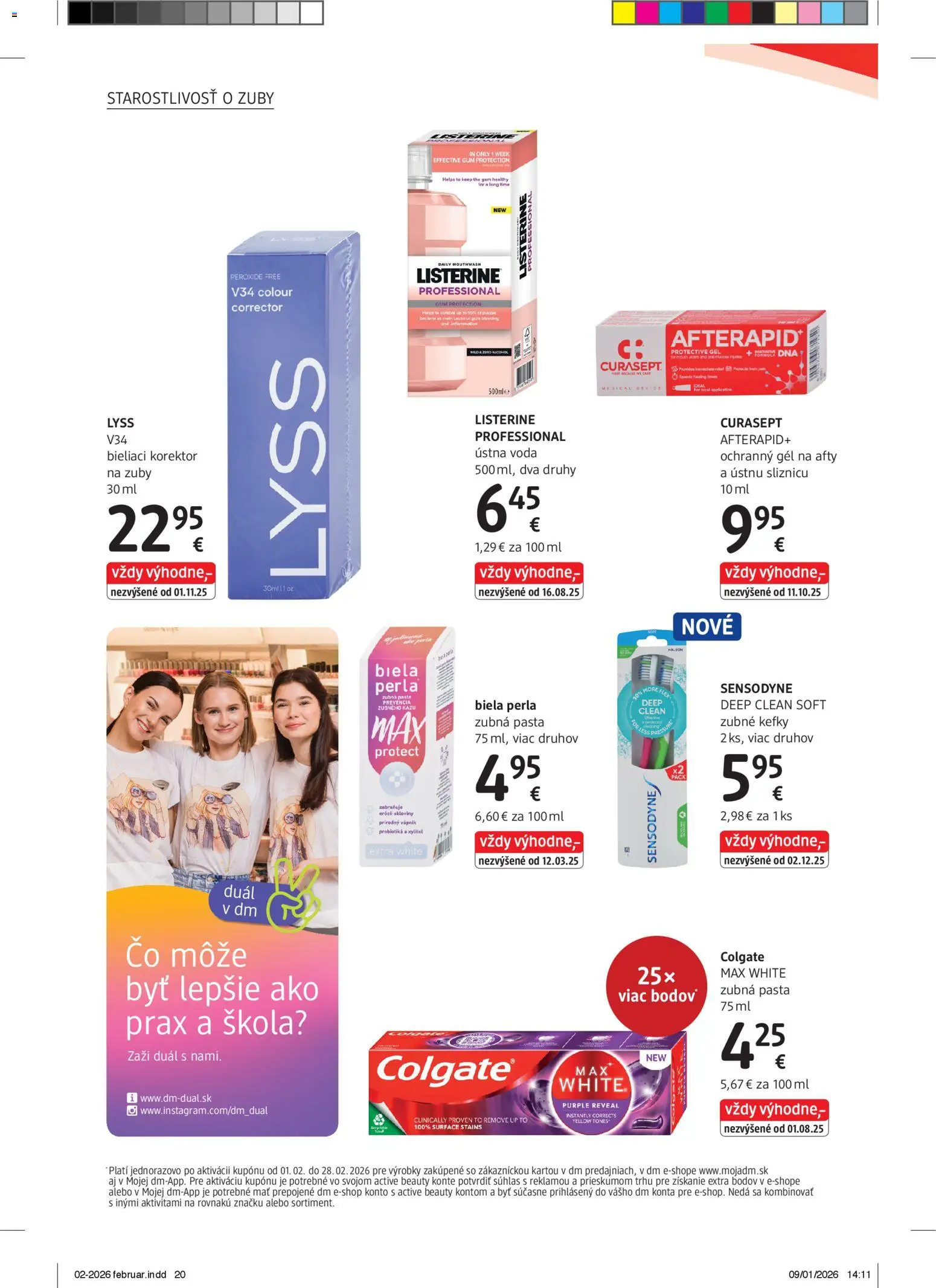 Nové dm drogerie akcie – leták je platný od 01.02.2026 | Strana: 20 | Produkty: Listerine, Korektor, Zubná pasta, Ústna voda