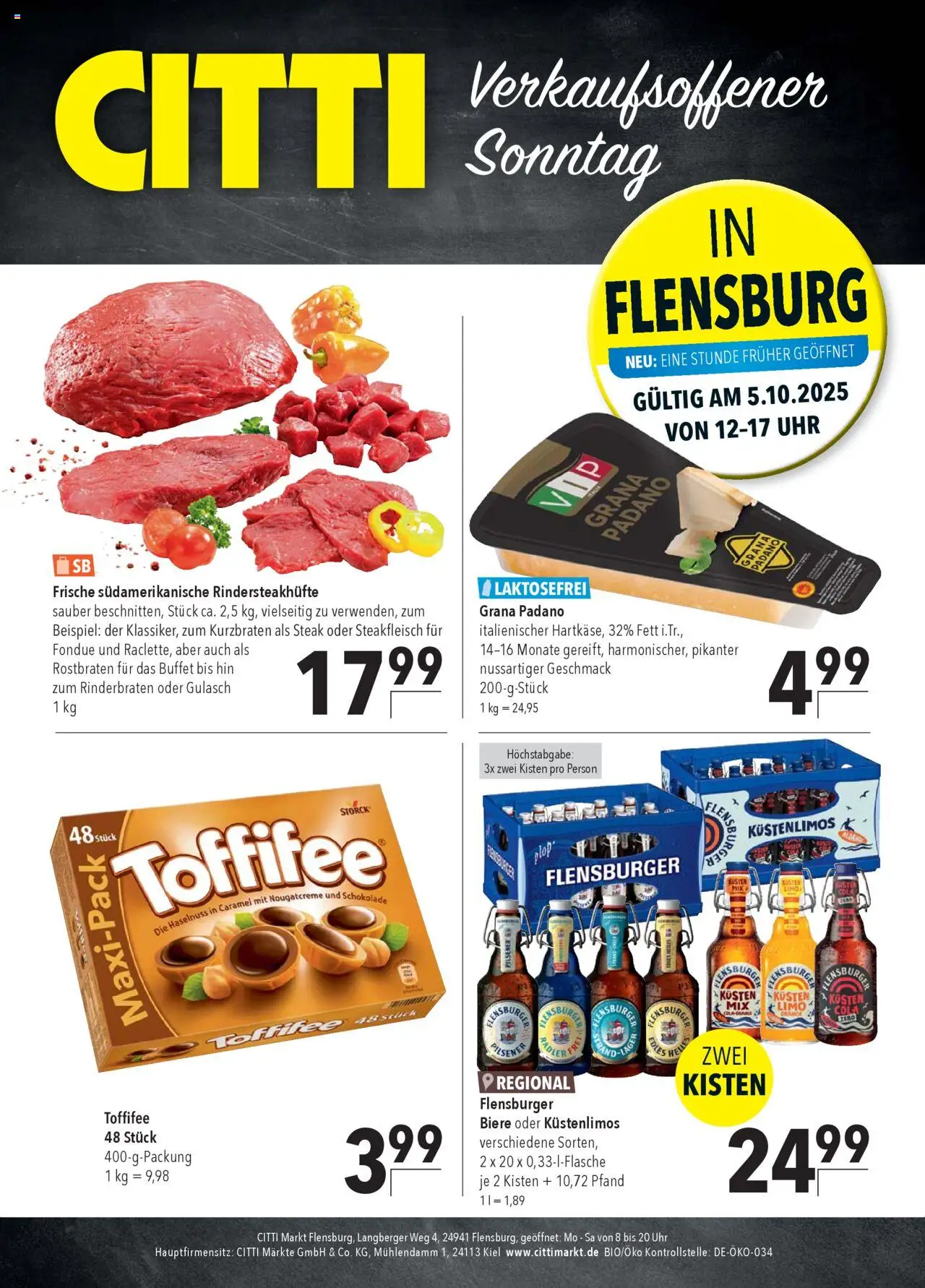 CITTI Markt  Sonntags-Angebote in Flensburg – gültig ab 05.10.2025 | Seite: 1 | Produkte: Rinderbraten, Gulasch, Toffifee, Steak