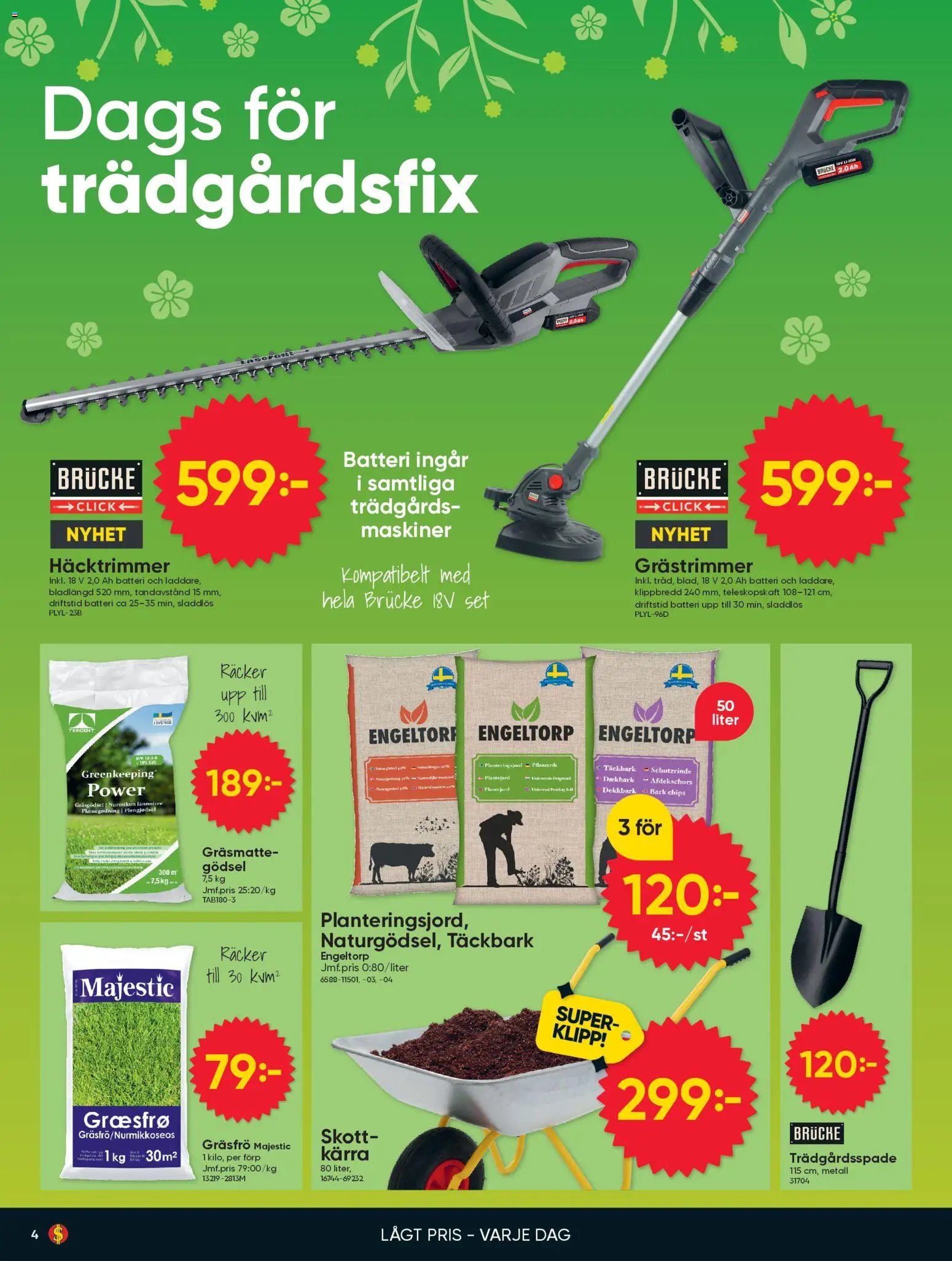 Dollar Store reklamblad aktuell från 20.04.2026 | Sida: 4 | Produkter: Trädgårdsspade, Chips, Batteri, Set
