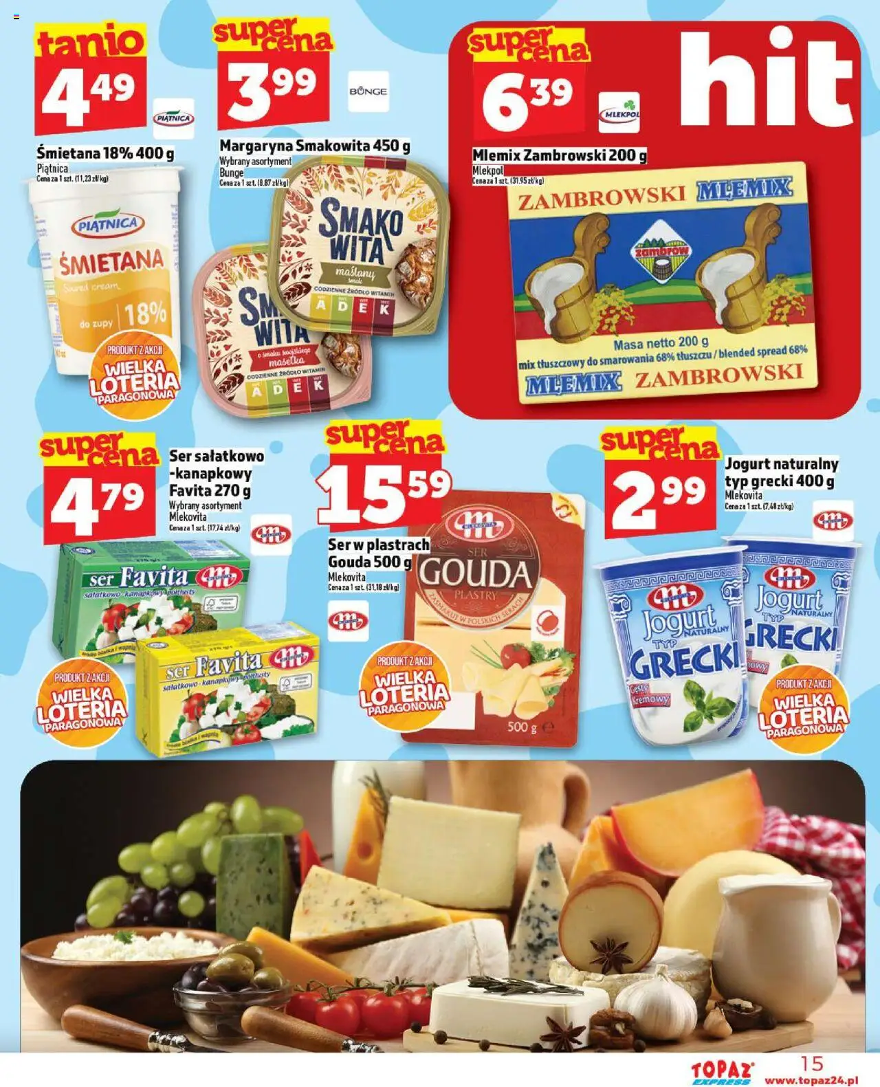 Topaz Gazetka - Express od 11.09.2025 | Strona: 15 | Produkty: Jogurt grecki, Ser favita, Margaryna, Śmietana