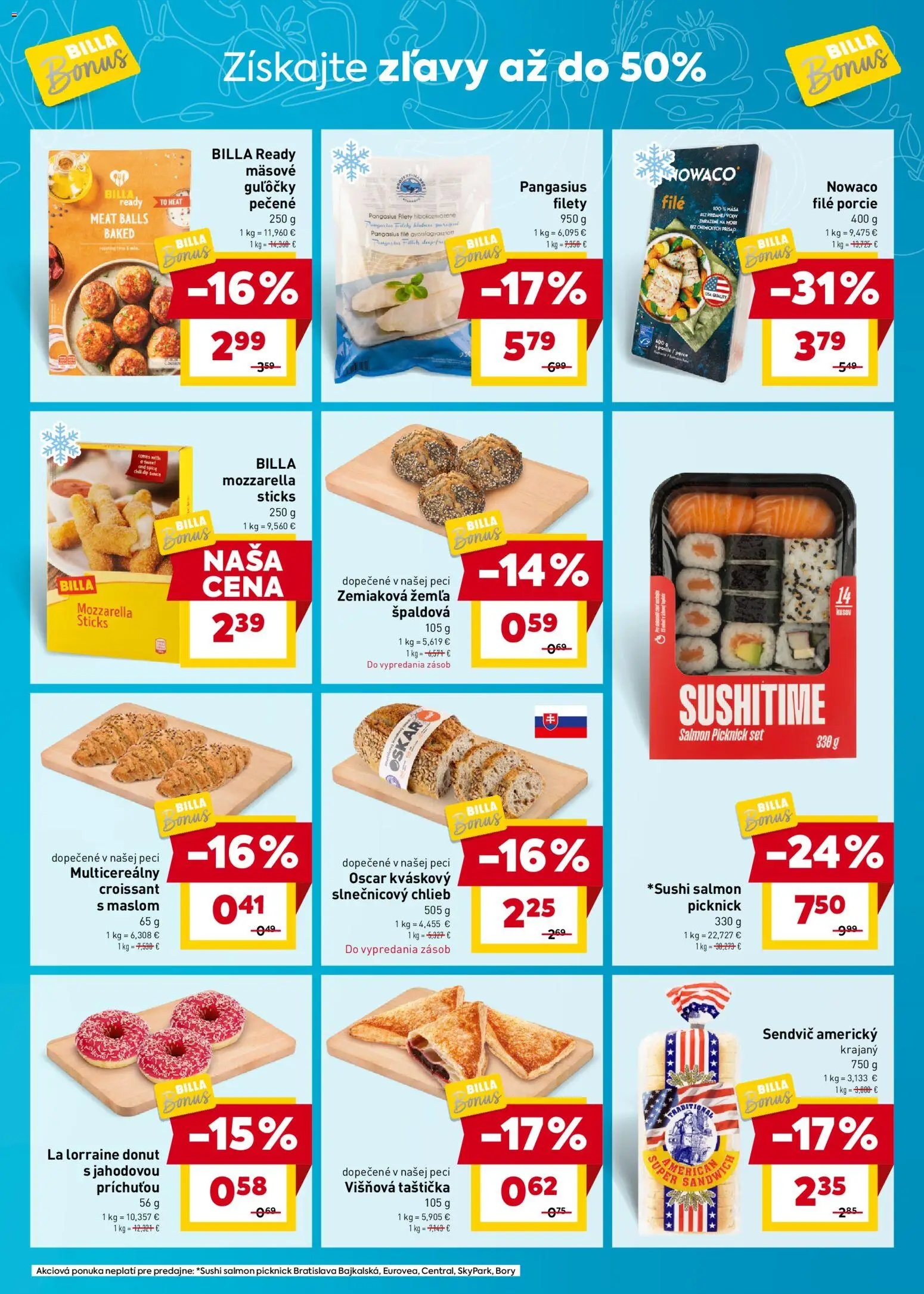 Nové Billa akcie – leták je platný od 29.10.2025 | Strana: 3 | Produkty: Chlieb, Mozzarella, Sushi, Sendvič