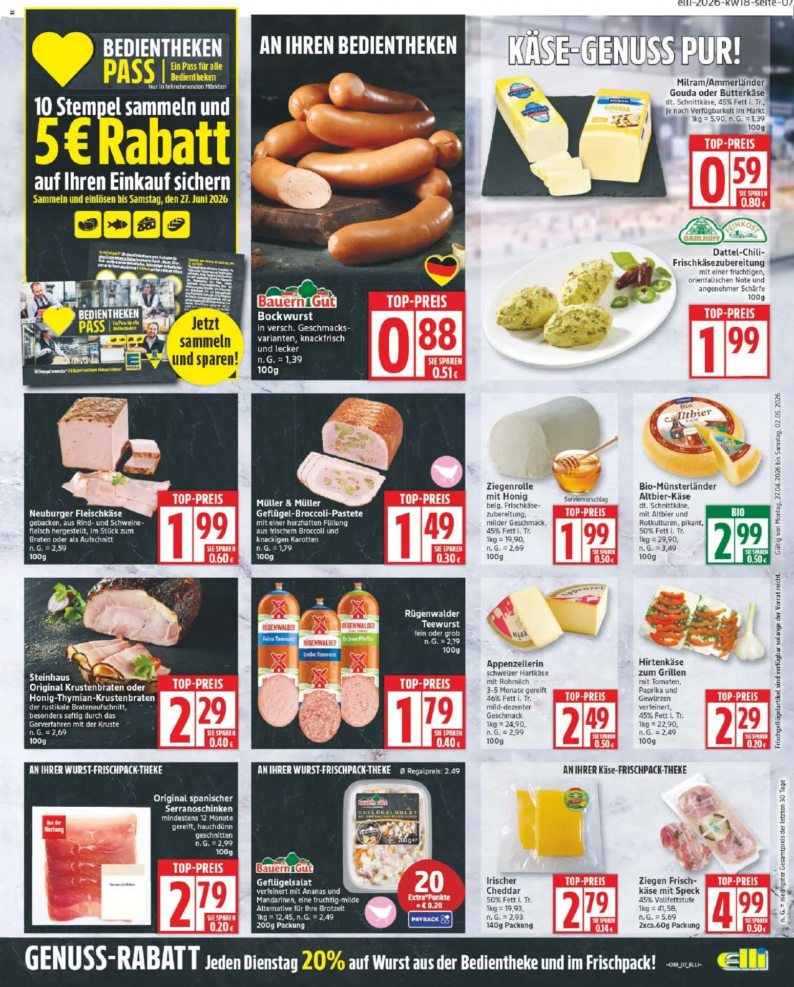 Elli Markt Prospekt – gültig ab 27.04.2026 | Seite: 7 | Produkte: Bockwurst, Gouda, Paprika, Fleisch