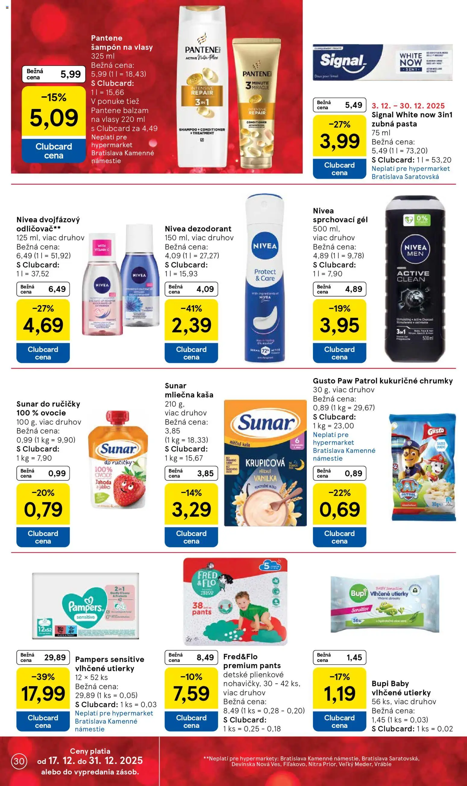 Nové Tesco akcie – leták je platný od 17.12.2025 | Strana: 30 | Produkty: Nivea, Šampón, Odličovač, Dezodorant