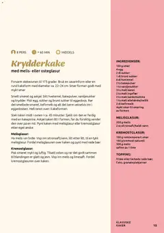 Forhåndsvisning av Krydderkake med melis- eller osteglasur, Recipe for Krydderkake (spice cake) with the option of melis (icing sugar) or osteglasur (cream cheese frosting). gyldig fra 03.11.2025 | Side: 15