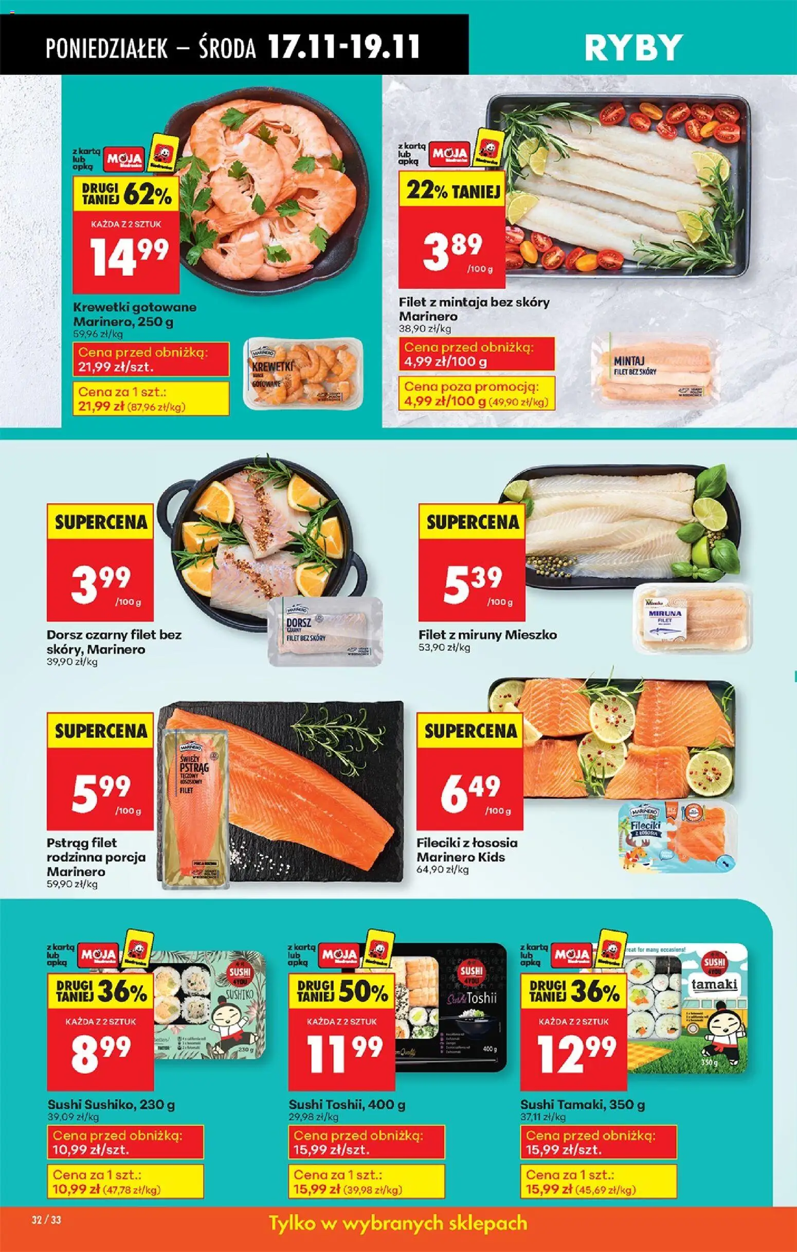 Biedronka gazetka od 17.11.2025 | Strona: 38 | Produkty: Pstrąg tęczowy, Pstrąg, Krewetki gotowane, Sushi