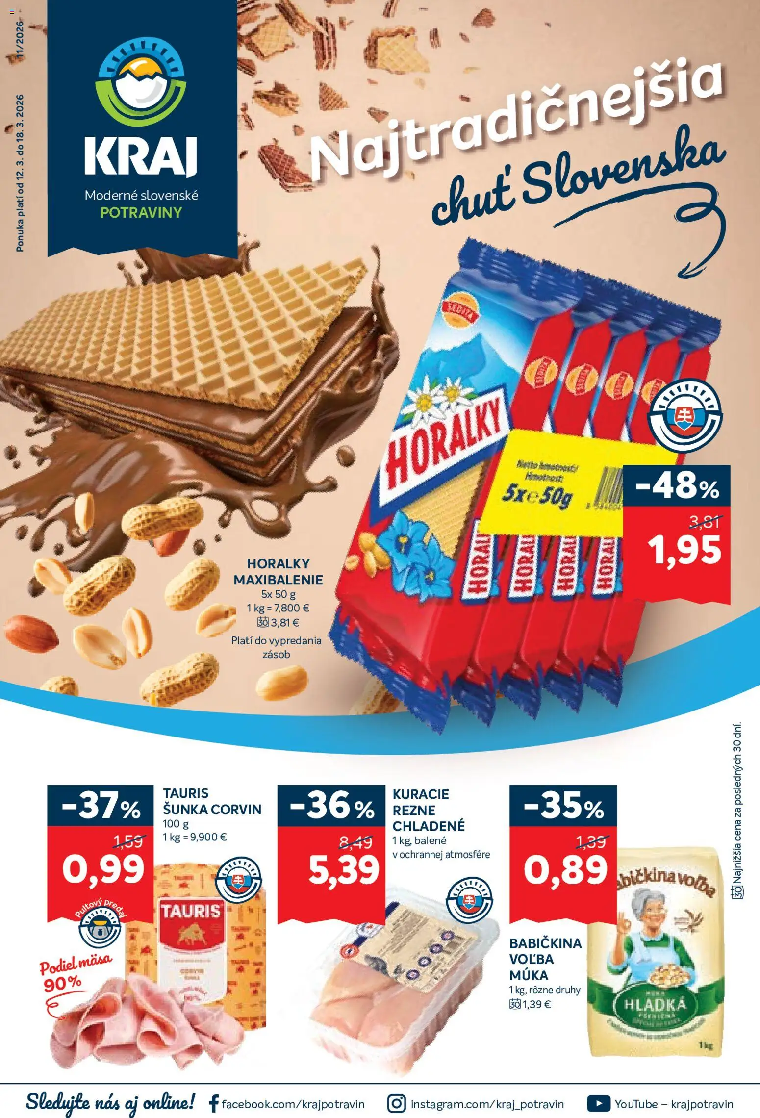 Nové Kraj akcie – leták je platný od 12.03.2026 | Strana: 1 | Produkty: Šunka, Múka, Horálky