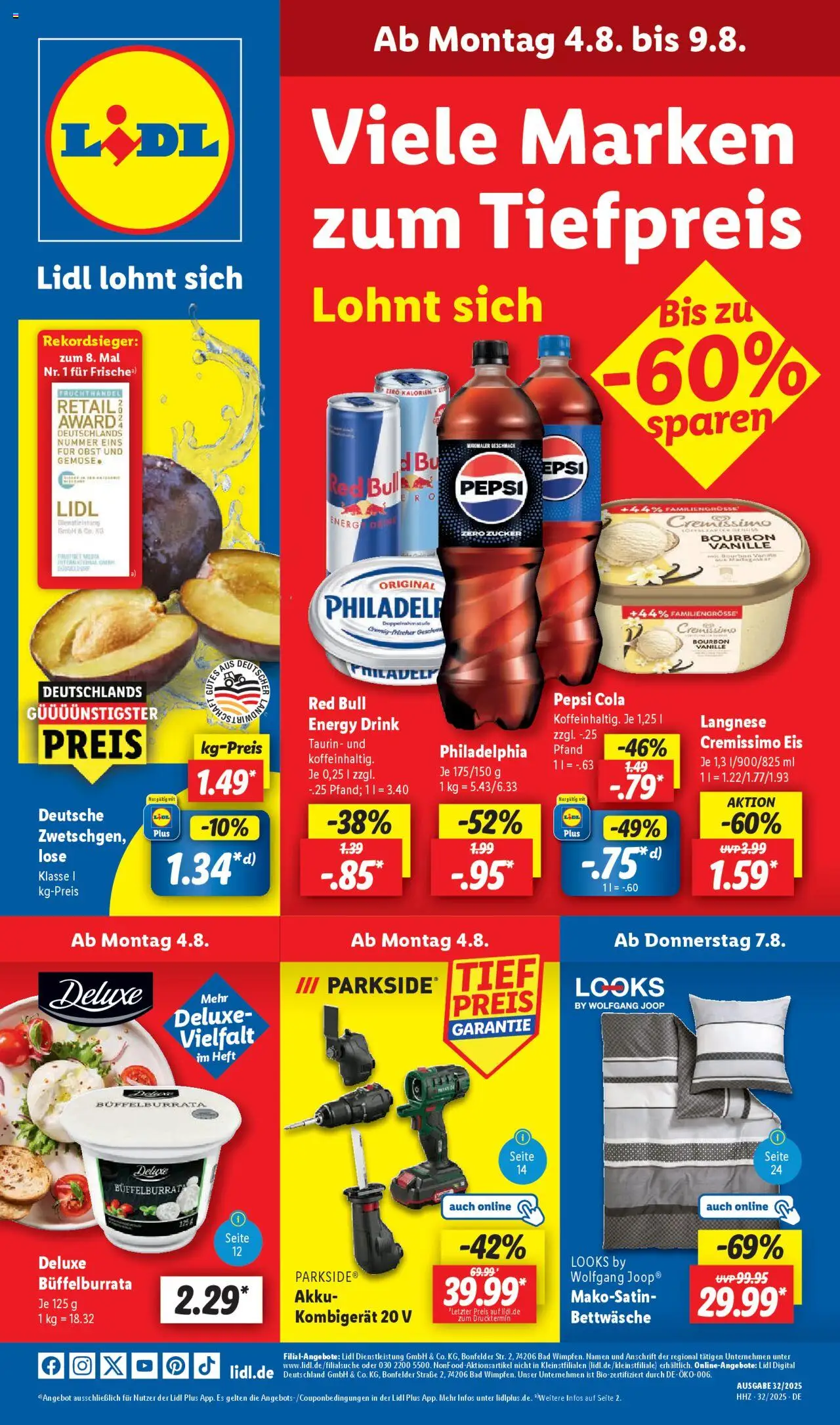 Lidl Prospekt Hilders - gültig ab dem 04.08.2025 | Seite: 1 | Produkte: Langnese, Philadelphia, Bettwäsche, Pepsi