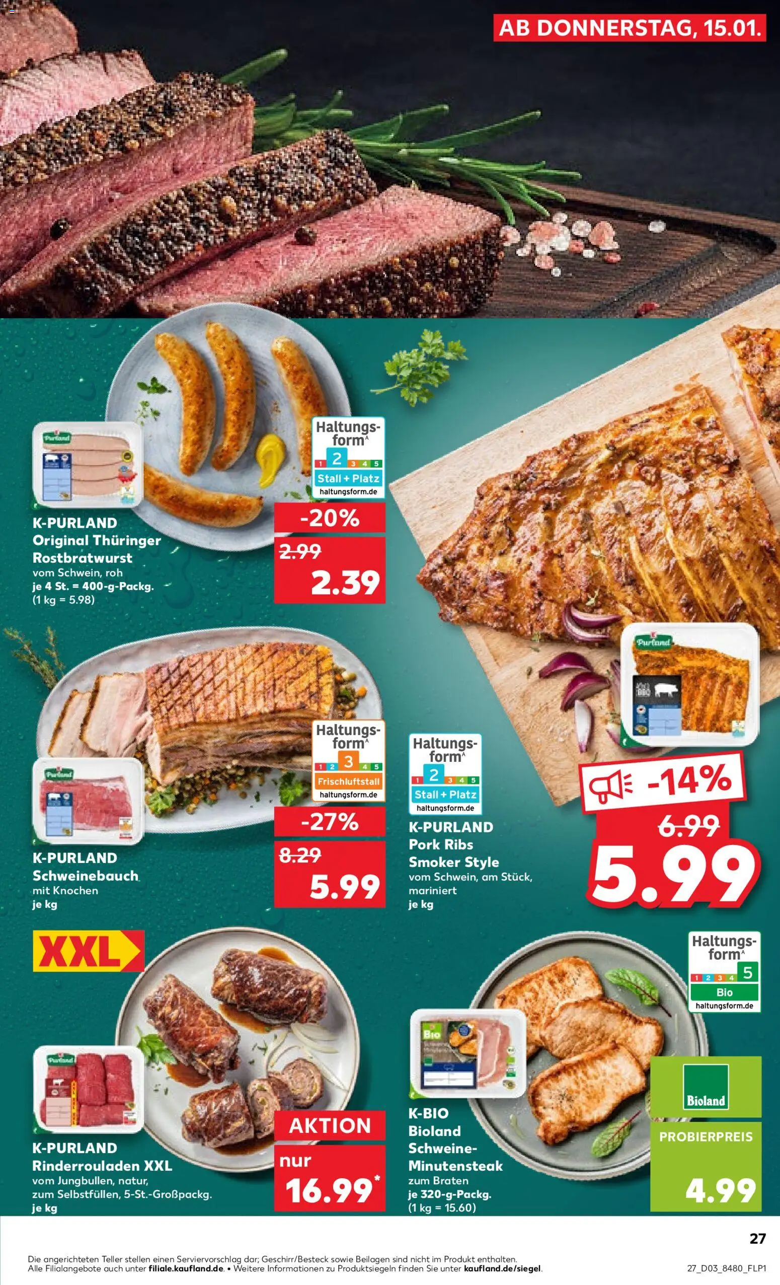 Kaufland Prospekt 	 – gültig ab 15.01.2026 | Seite: 27 | Produkte: Rinderrouladen, Schweinebauch, Steak