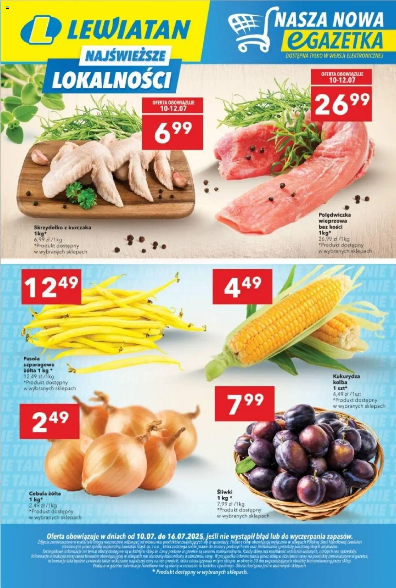 Lewiatan gazetka - Katowice od 10.07.2025 | Strona: 1 | Produkty: Polędwiczka wieprzowa, Kukurydza, Śliwki