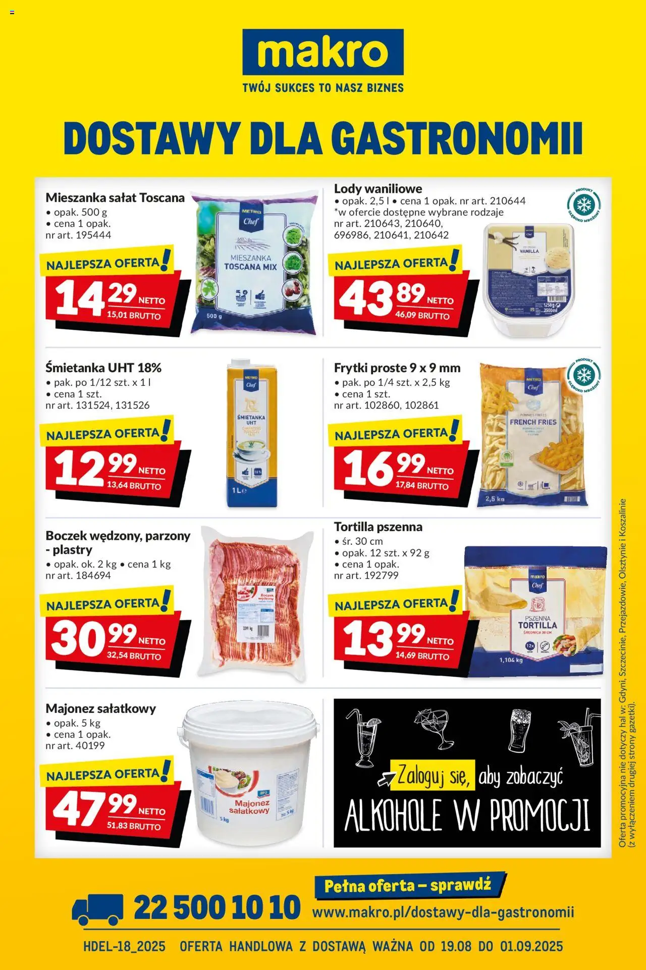Makro Gazetka - Dostawy dla gastronomii od 19.08.2025 | Strona: 1 | Produkty: Tortilla, Boczek, Frytki, Majonez