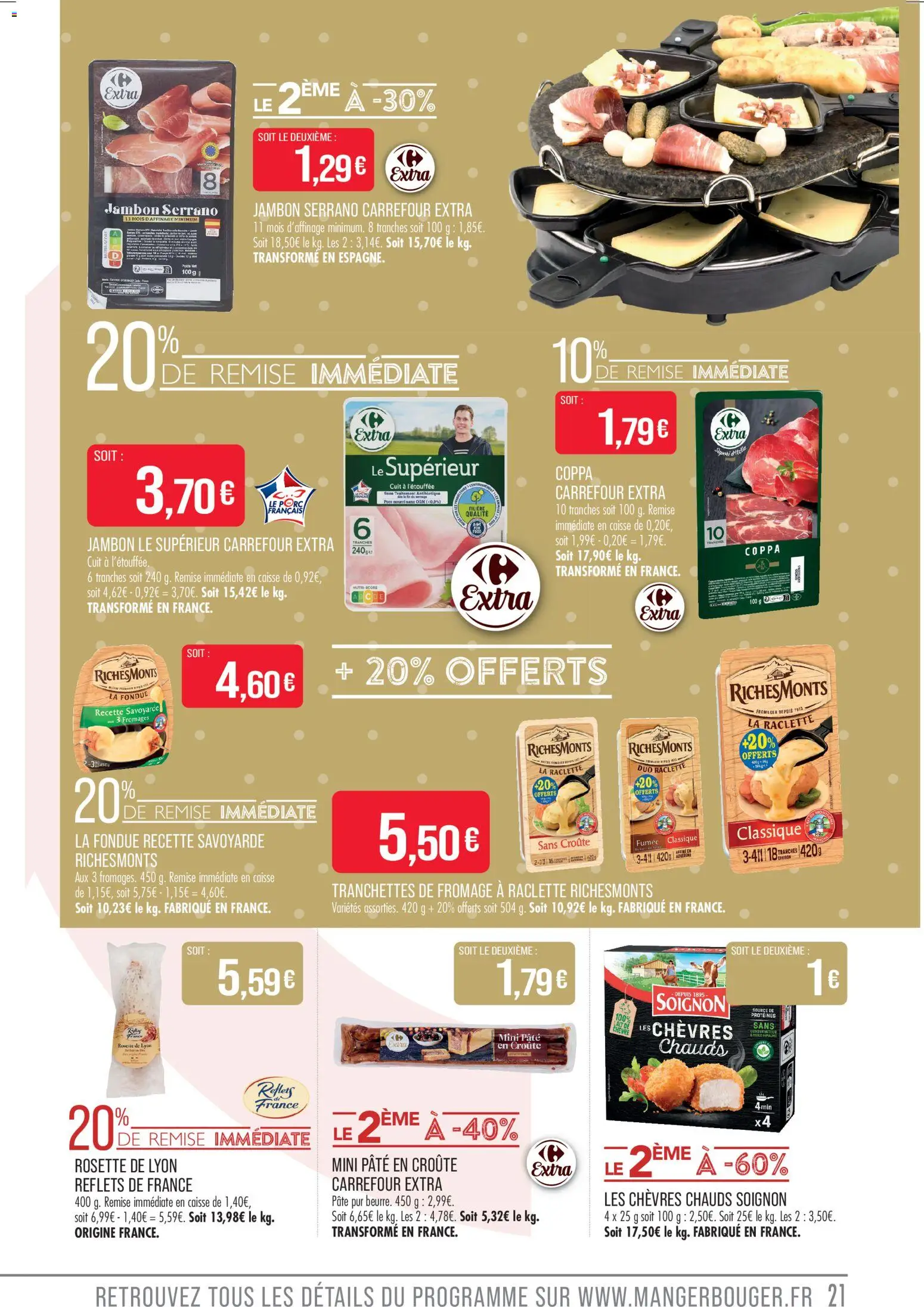 {H1} | Page: 21 | Produits: Fromage à raclette, Jambon serrano, Fromage, Porc