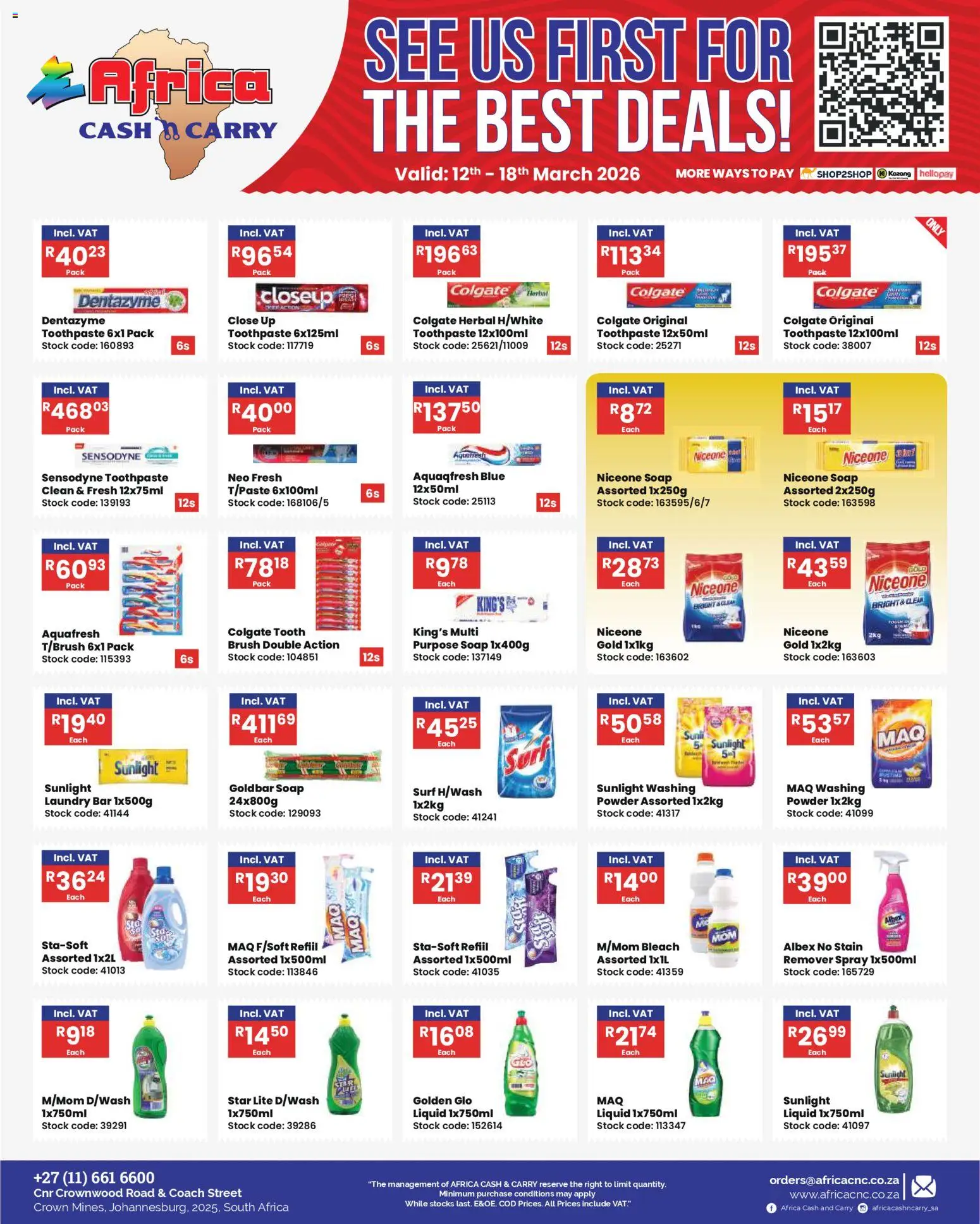 New Africa Cash & Carry catalogue – valid from 12.03.2026 | Page: 11 | Products: Bleach, Stock, Soap, Toothpaste