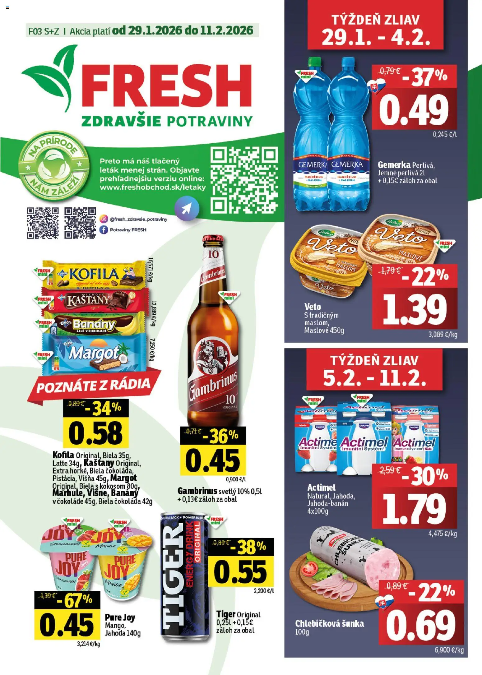 Nové Fresh akcie – leták je platný od 29.01.2026 | Strana: 1 | Produkty: Šunka, Banány v čokoláde, Čokoláda, Gemerka