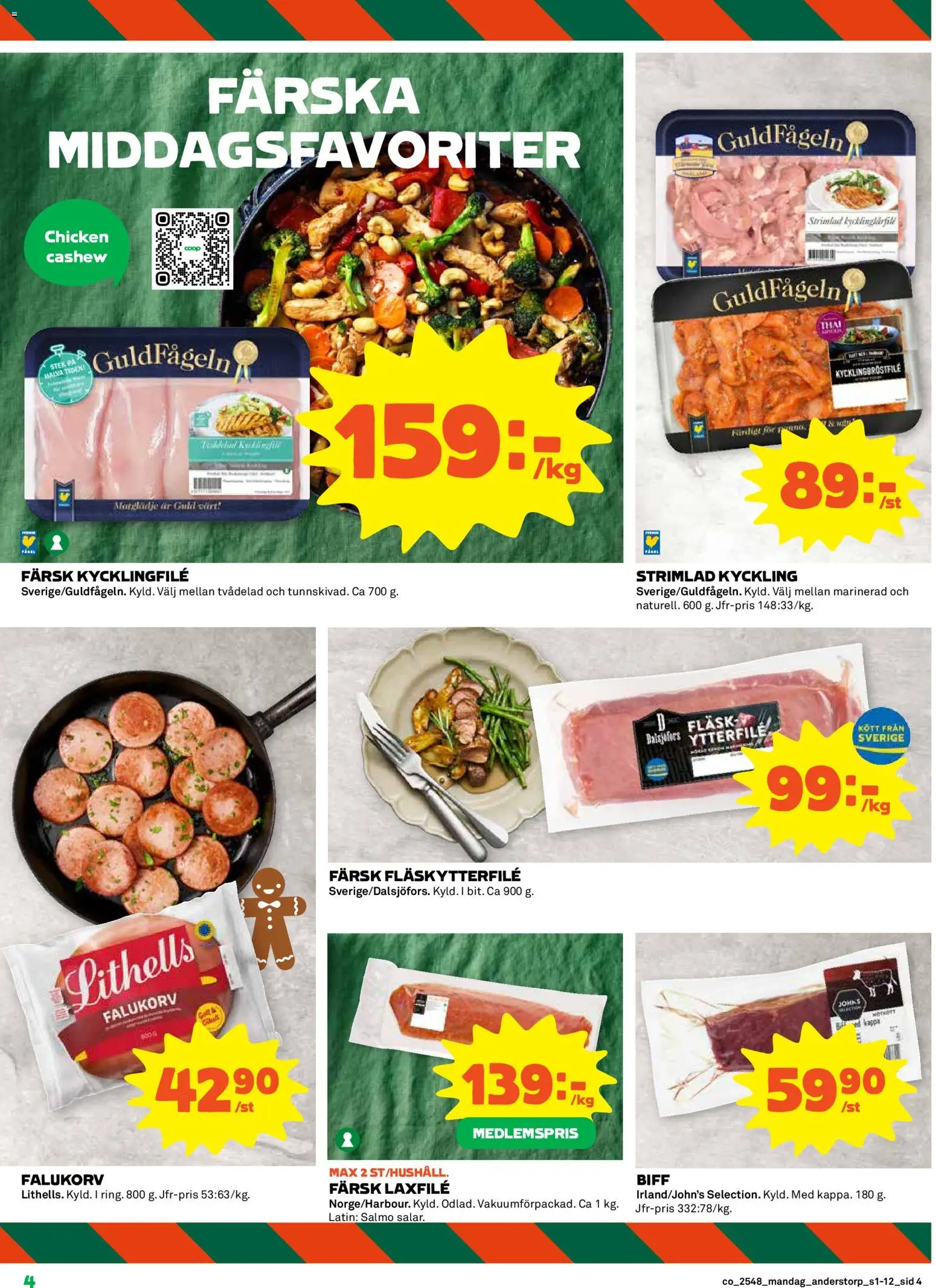 Coop reklamblad aktuell från 24.11.2025 | Sida: 4 | Produkter: Kycklingfile, Falukorv, Fläskytterfilé, Fläsk
