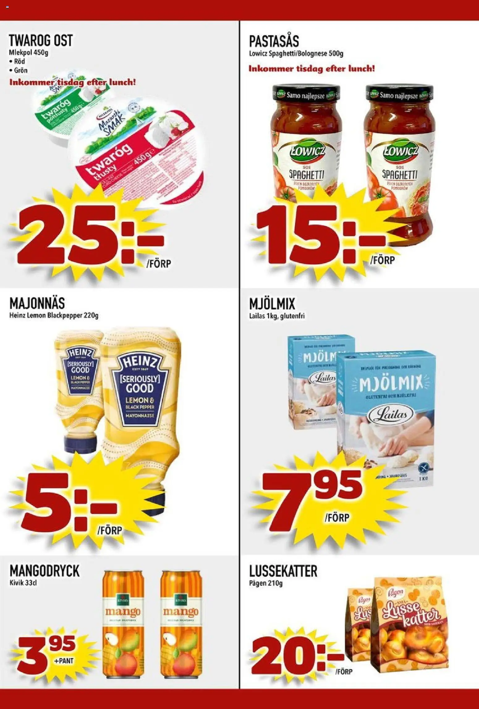 Din Mat reklamblad aktuell från 08.12.2025 | Sida: 3 | Produkter: Majonnäs, Ost, Spaghetti, Mango