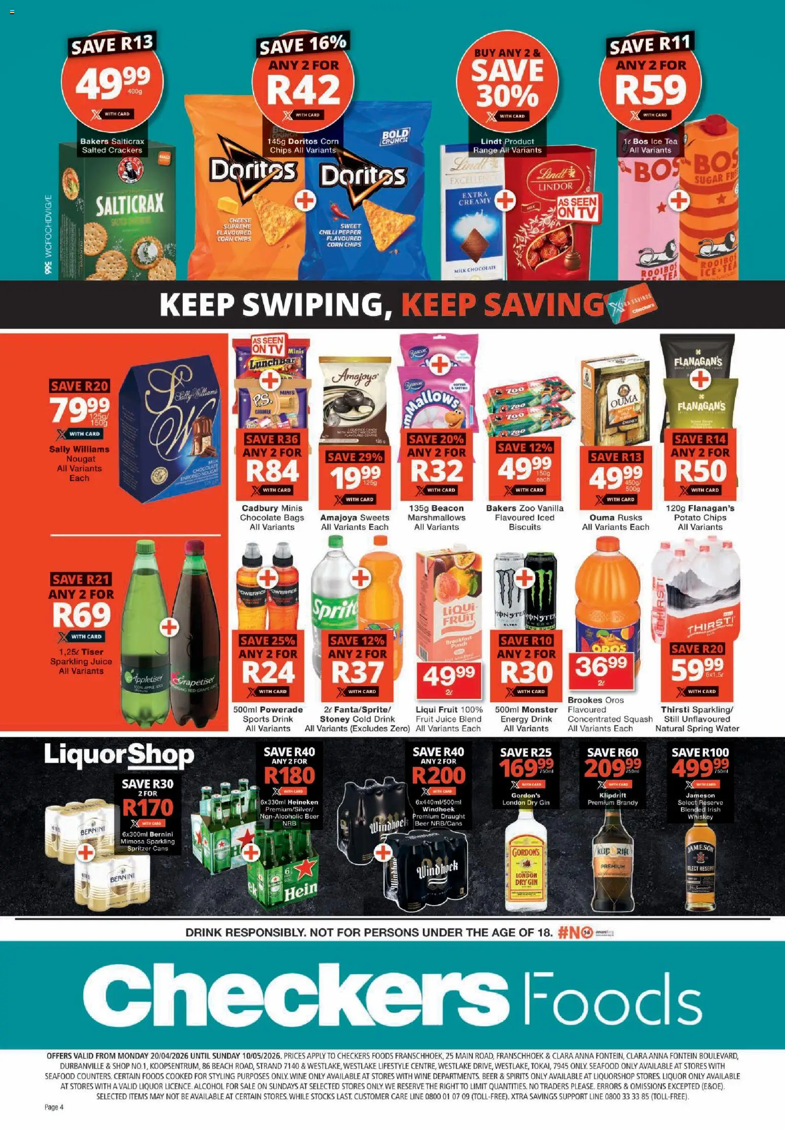 New Checkers catalogue – valid from 20.04.2026 | Page: 4 | Products: Squash, Chocolate, Juice, Tea