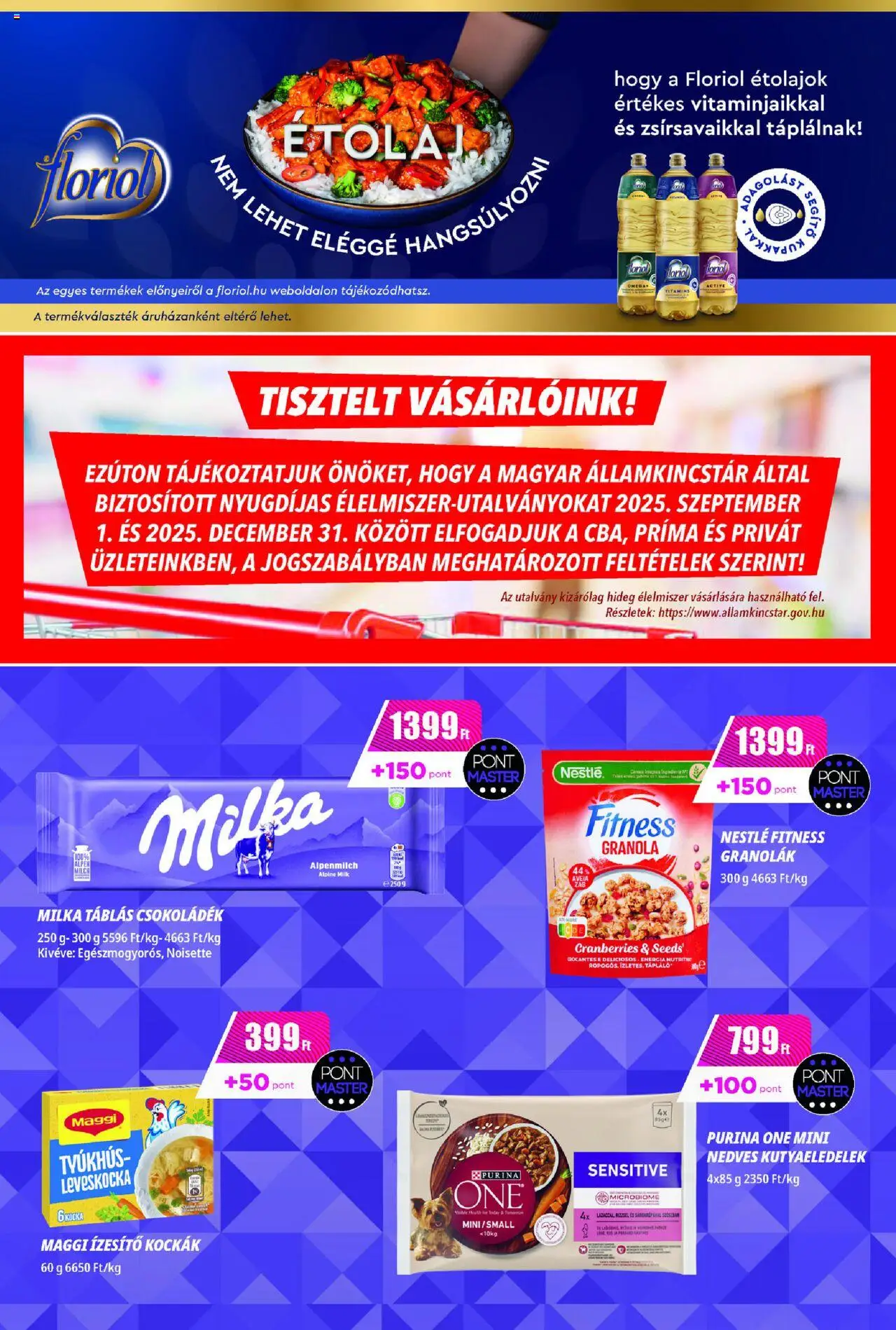 CBA Príma akciós ujság - amely érvényes a következő dátumtól: 16.10.2025 | Oldal: 6 | Termékek: Leveskocka, Purina one, Granola, Maggi