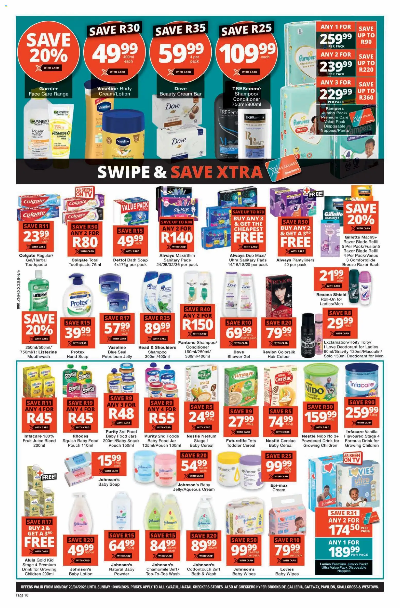 New Checkers catalogue – valid from 20.04.2026 | Page: 10 | Products: Pants, Bath, Pads, Conditioner