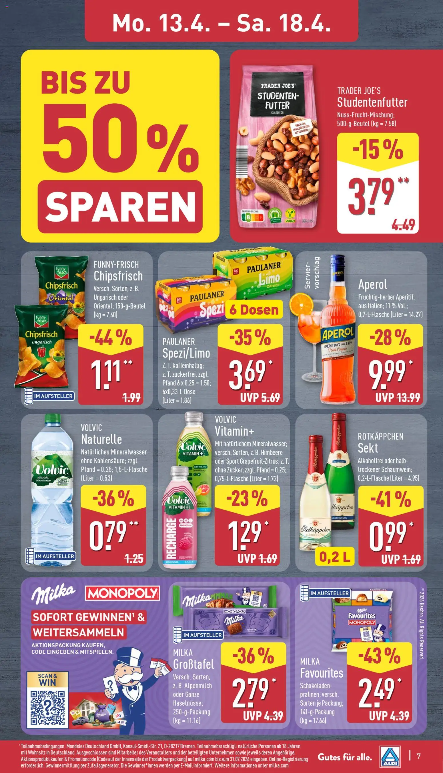 Aldi Prospekt 	 – gültig ab 13.04.2026 | Seite: 11 | Produkte: Milka, Mineralwasser, Aperol, Volvic
